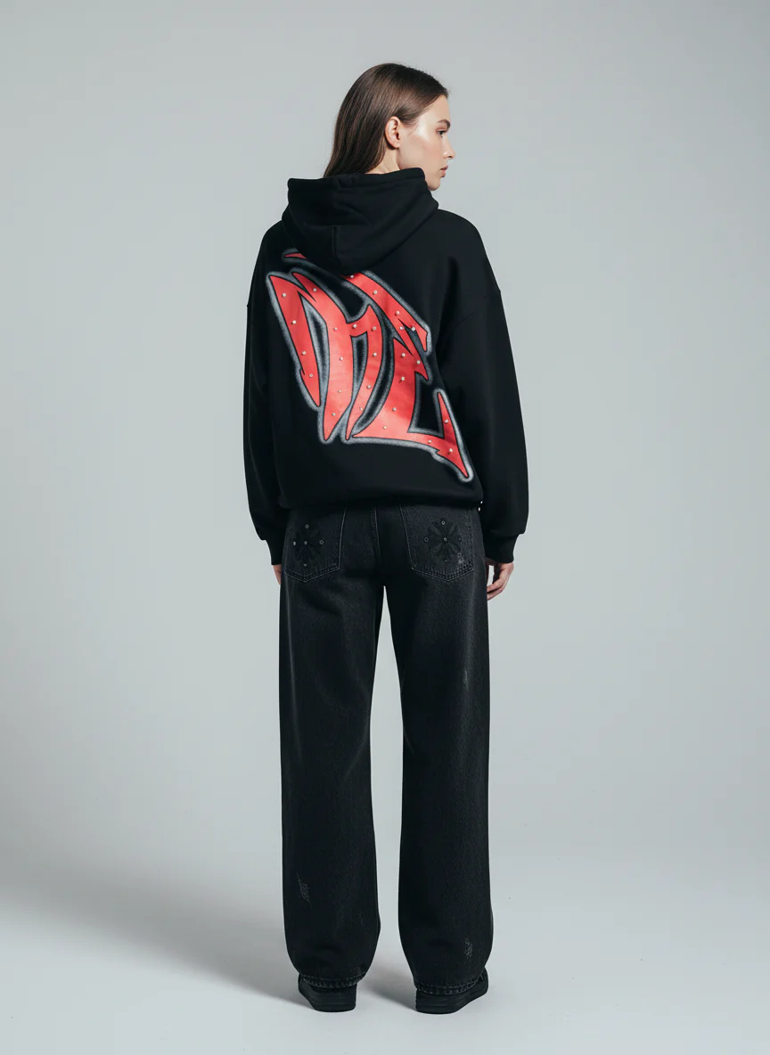 Retro Gothic Print Rhinestone Zip-Up Hoodie - Image 7