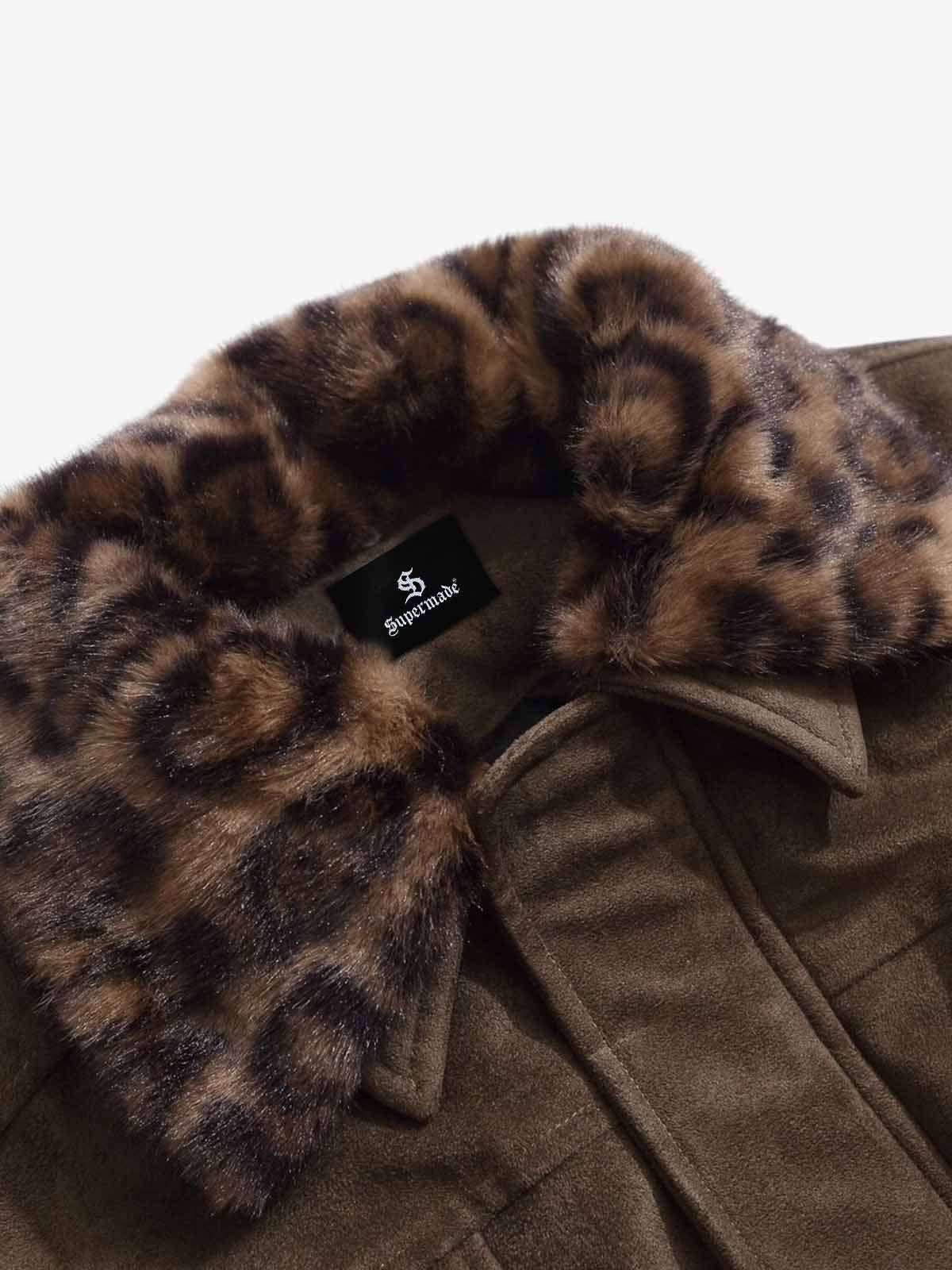 Retro Leopard Fur Collar Padded Bomber Jacket - Image 13