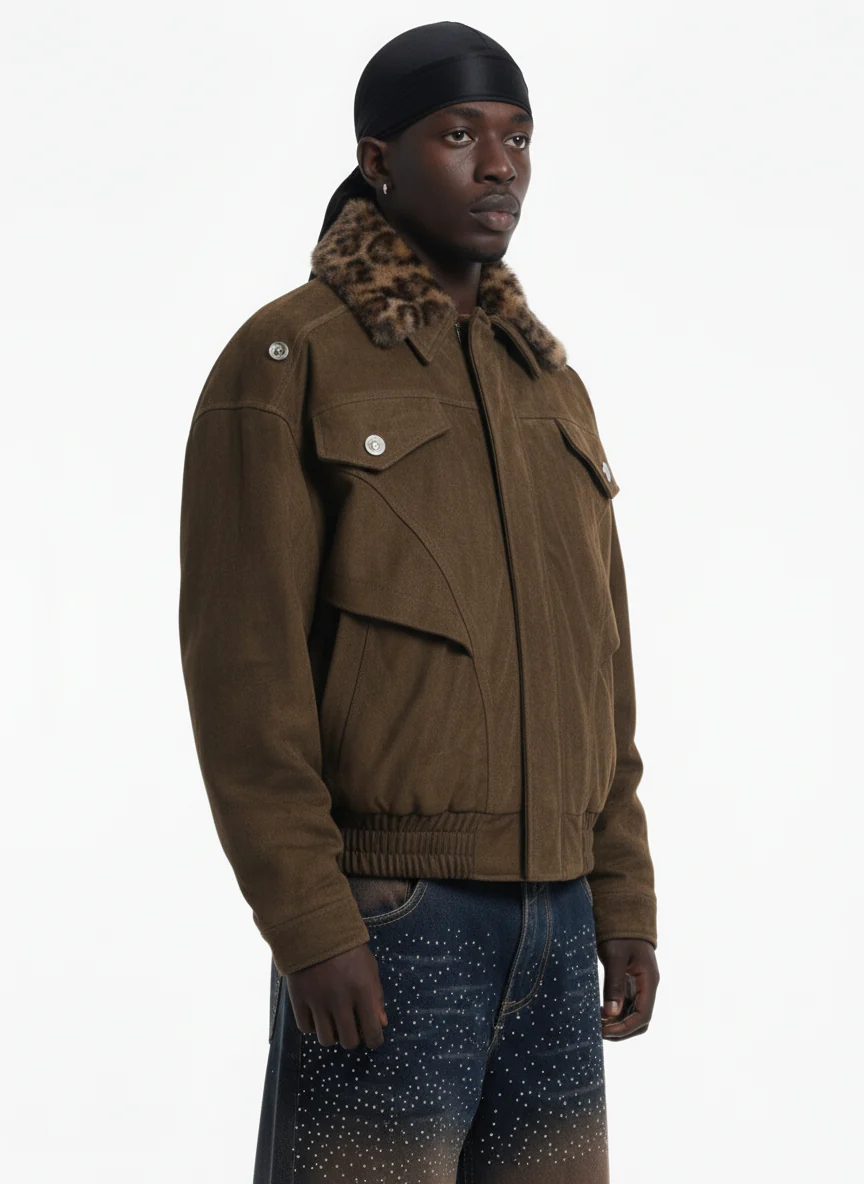 Retro Leopard Fur Collar Padded Bomber Jacket - Image 4
