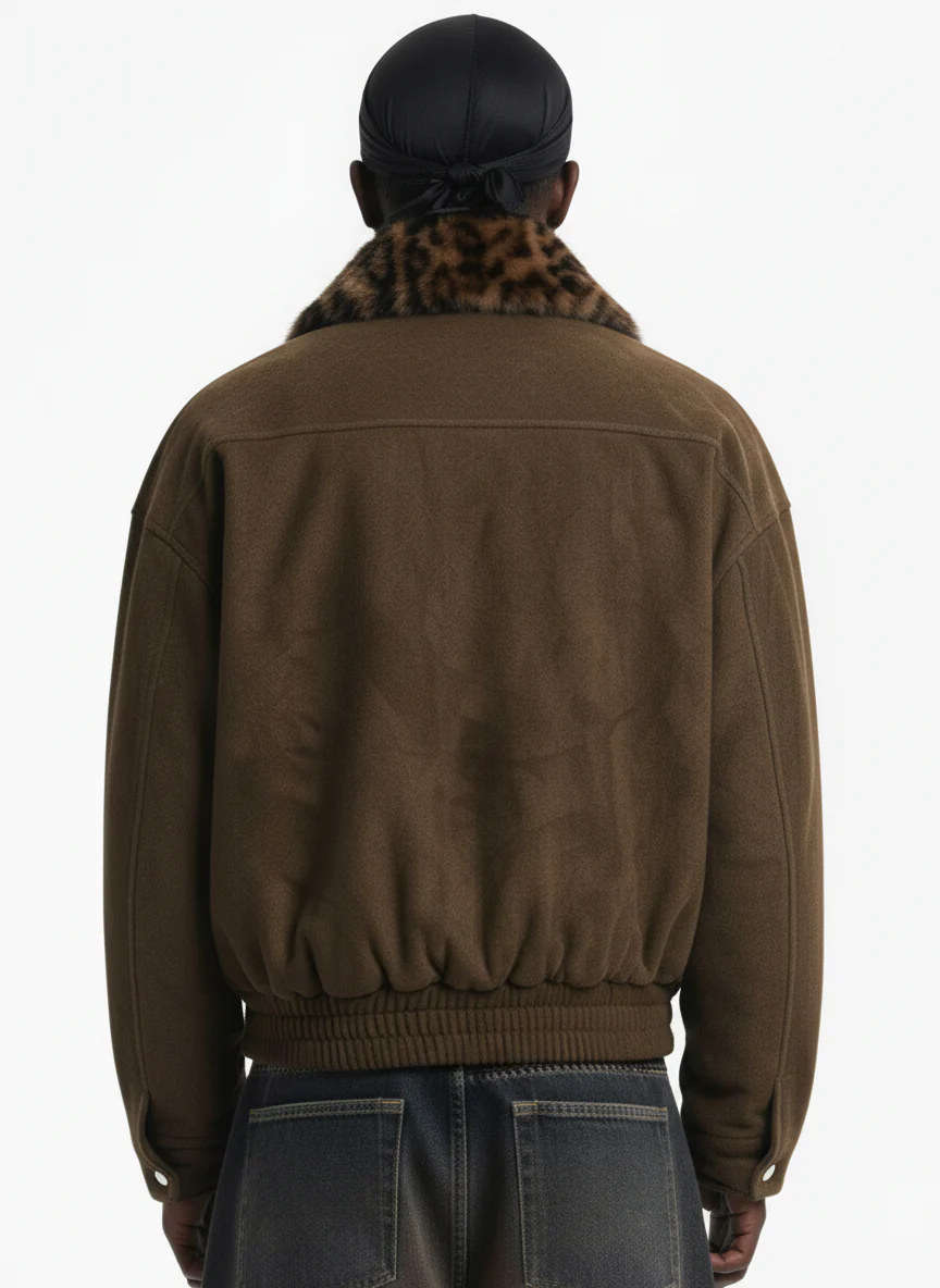 Retro Leopard Fur Collar Padded Bomber Jacket - Image 5