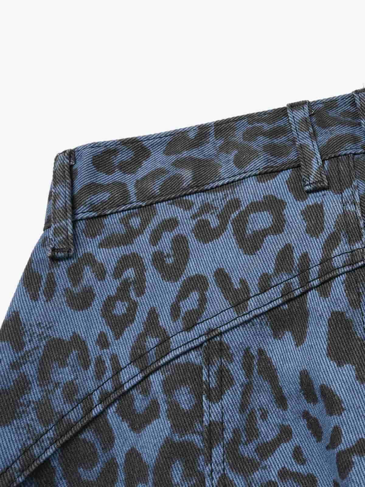 Retro Leopard Print Blue Washed Distressed Jeans - Image 3