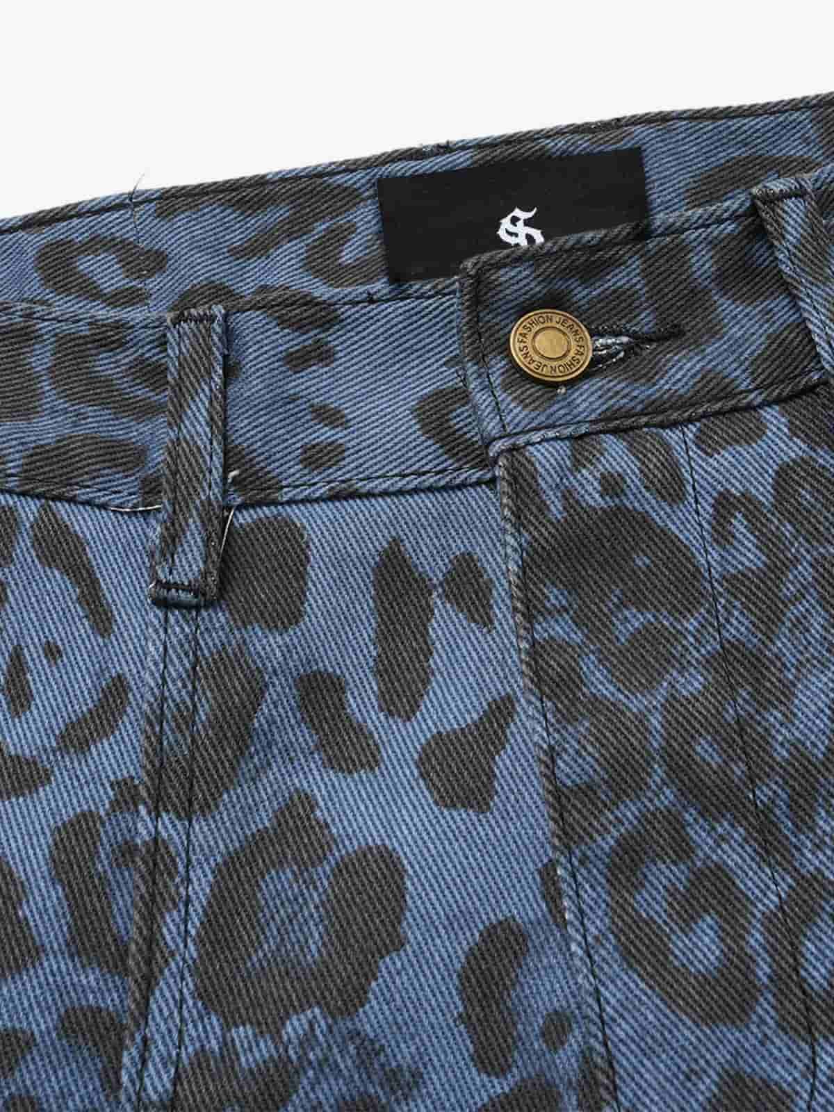 Retro Leopard Print Blue Washed Distressed Jeans - Image 4