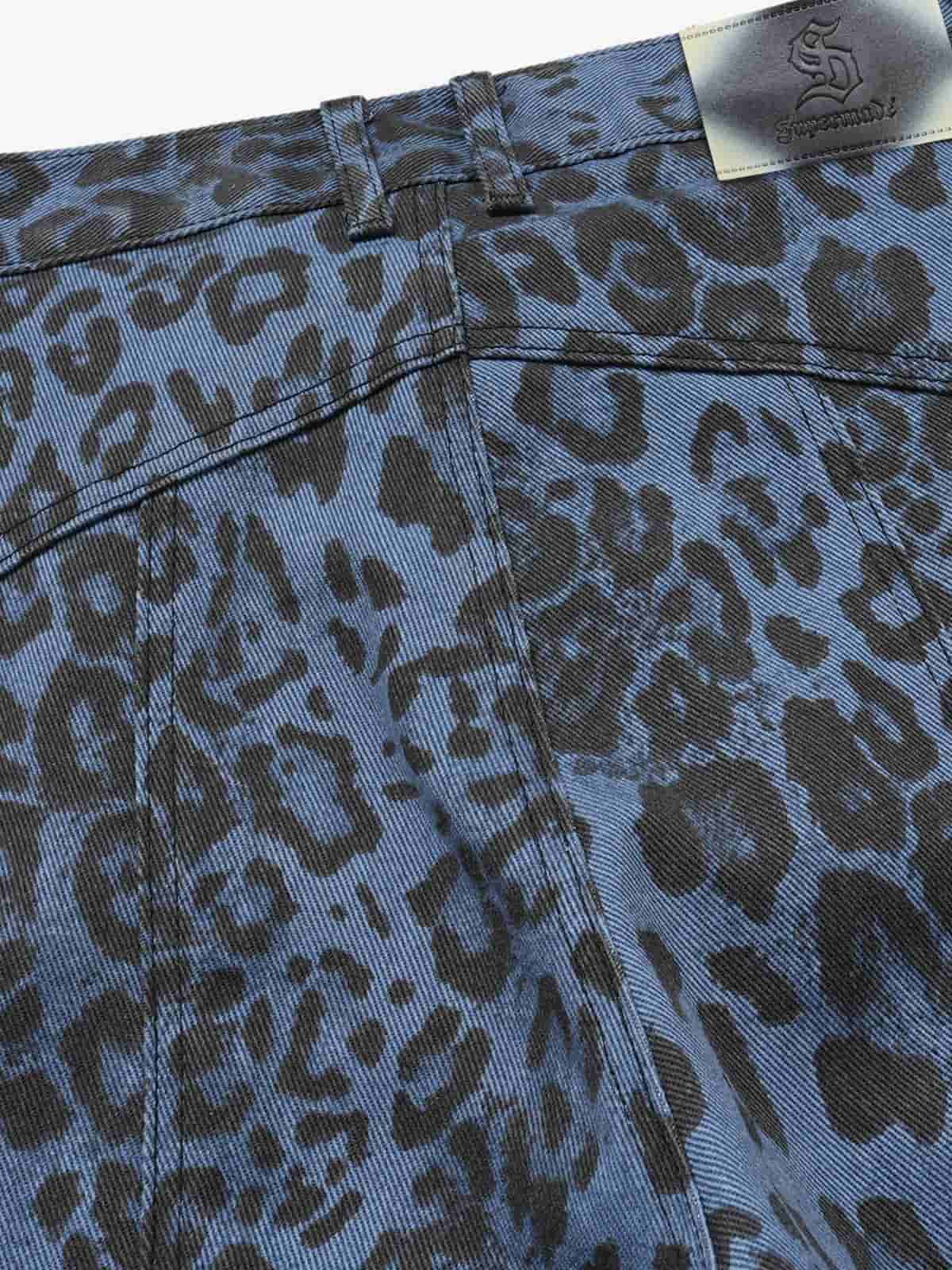 Retro Leopard Print Blue Washed Distressed Jeans - Image 7