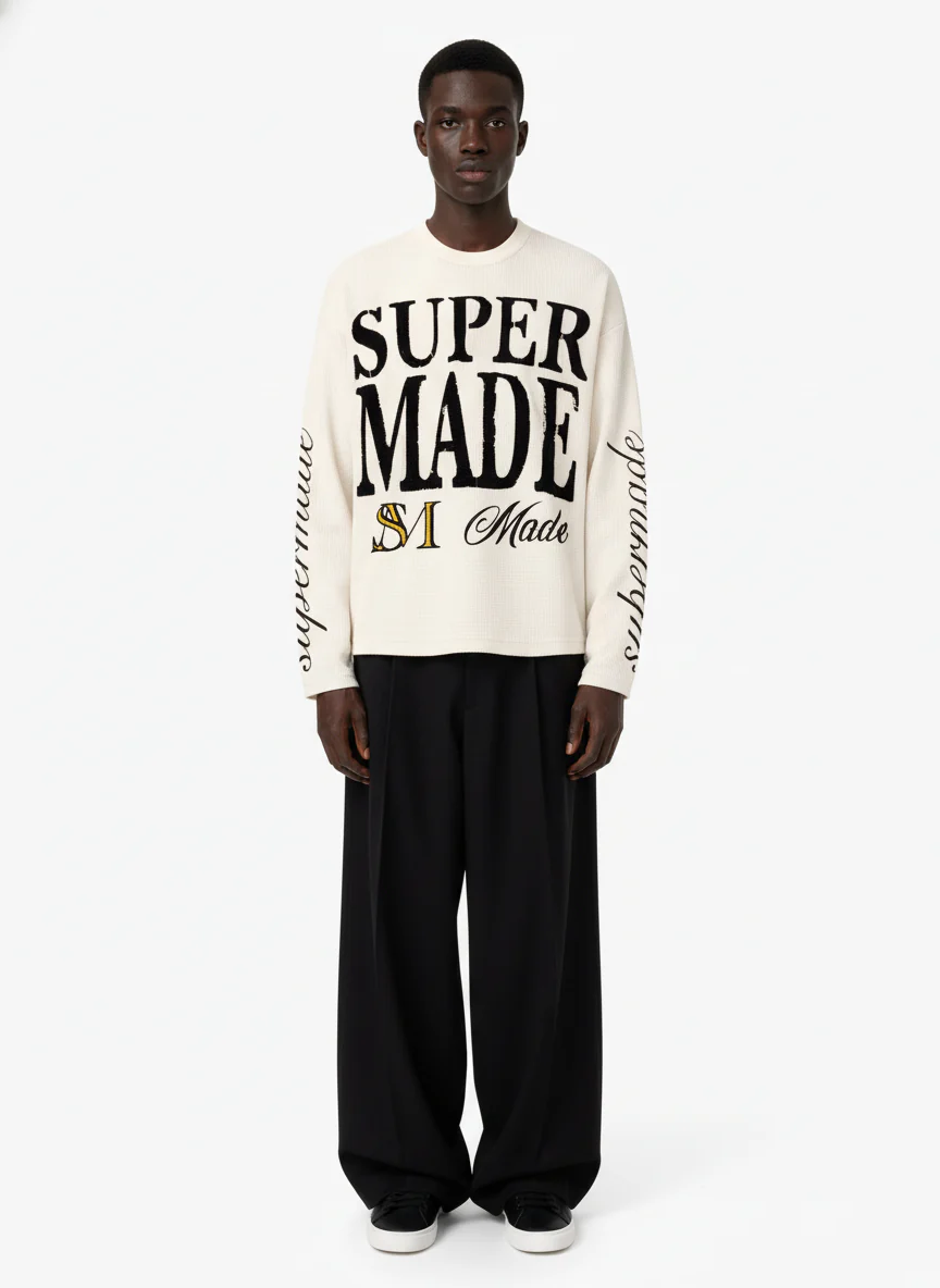 Retro Letter Print Waffle Simplicity Long-Sleeved T-Shirt - Image 3