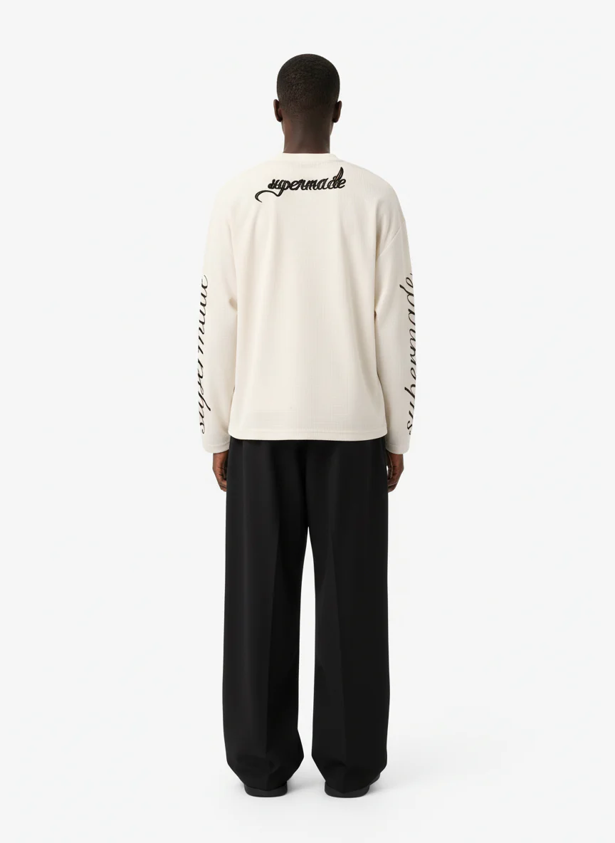 Retro Letter Print Waffle Simplicity Long-Sleeved T-Shirt - Image 5