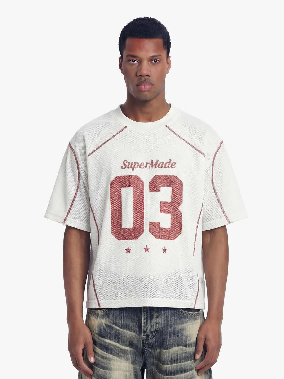 Retro Mesh Panel Number Print Contrast Stitch Jersey T-Shirt