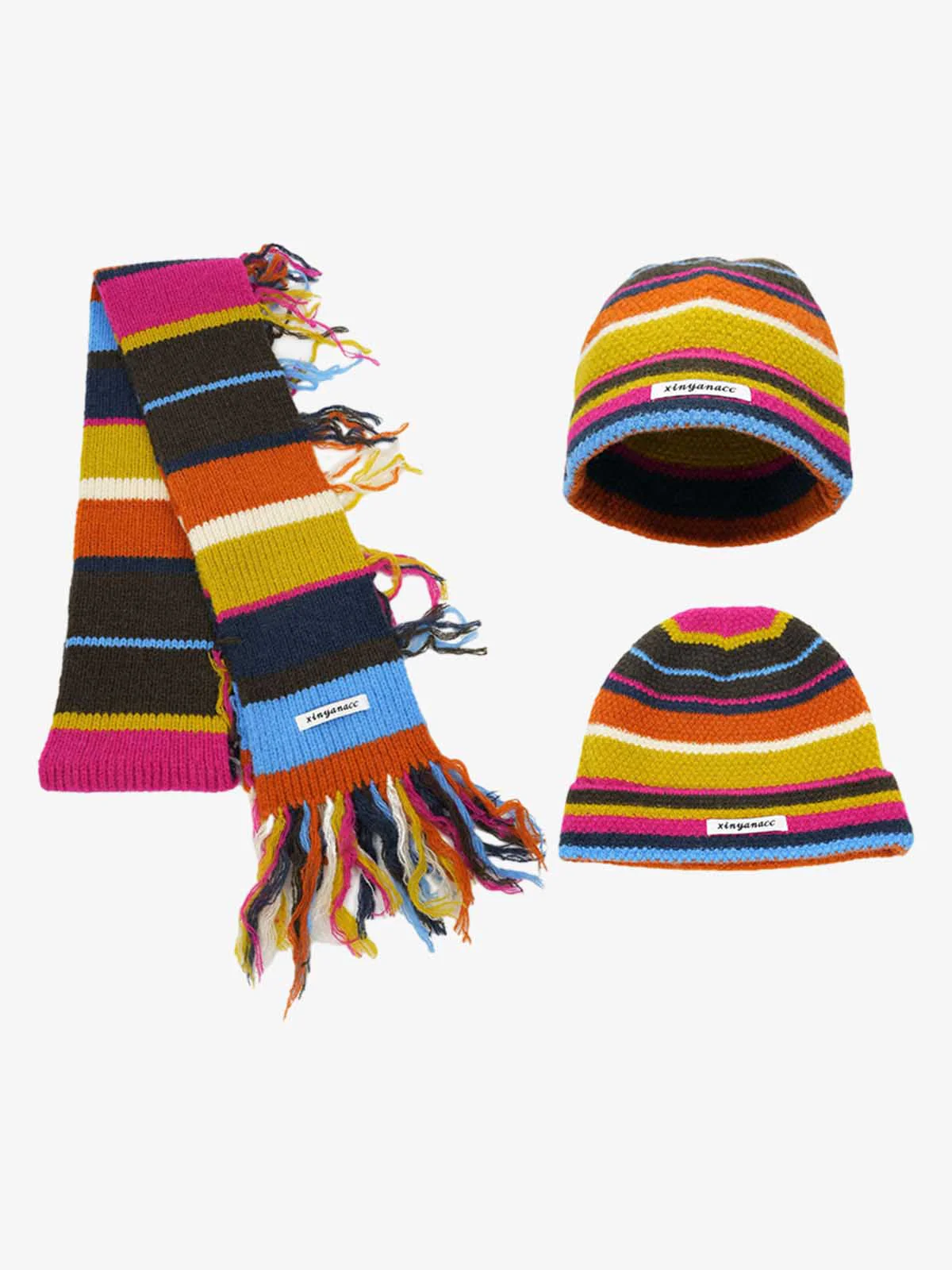 Retro Multicolor Striped Knit Beanie Scarf Set - Image 2