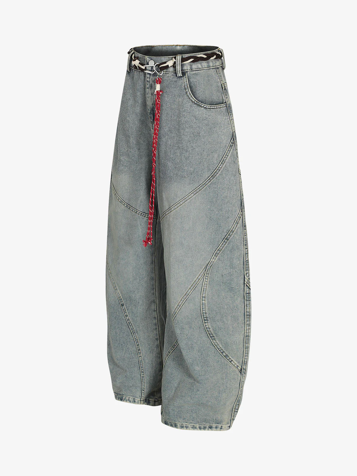 Denim Retro Belt Detail With Patchwork Barrel Jeans - 2490 - Image 11