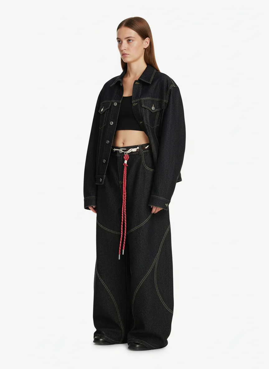 Denim Retro Belt Detail With Patchwork Barrel Jeans - 2490 - Image 6