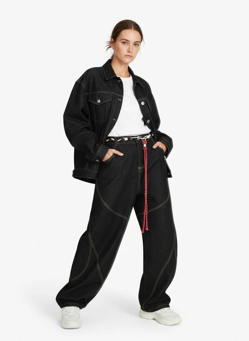 Denim Retro Belt Detail With Patchwork Barrel Jeans - 2490 - Image 7