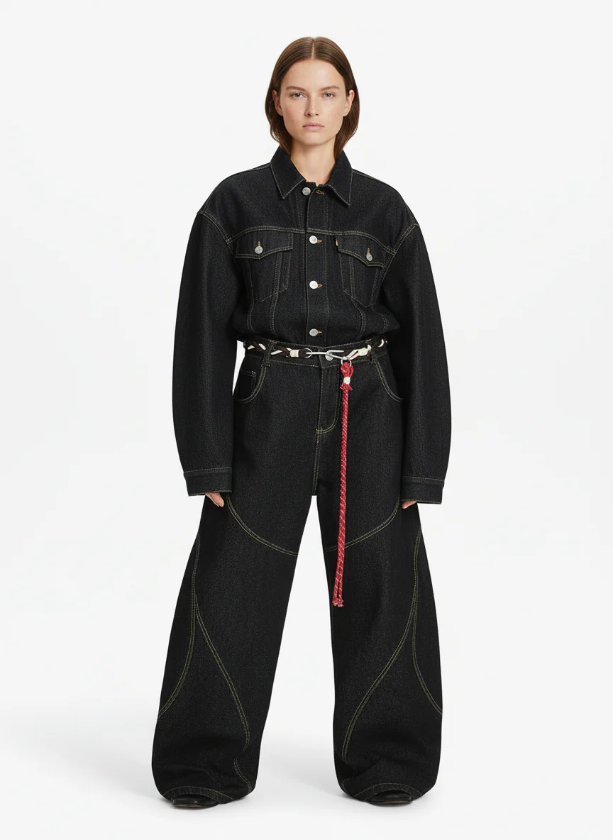 Denim Retro Belt Detail With Patchwork Barrel Jeans - 2490 - Image 8