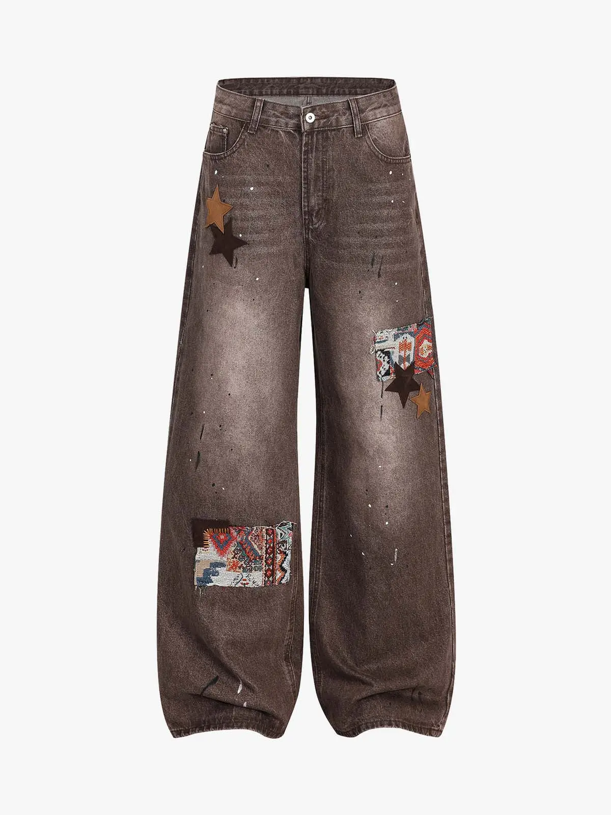 Retro Patchwork Washed Wide Leg Denim Jeans - Image 2