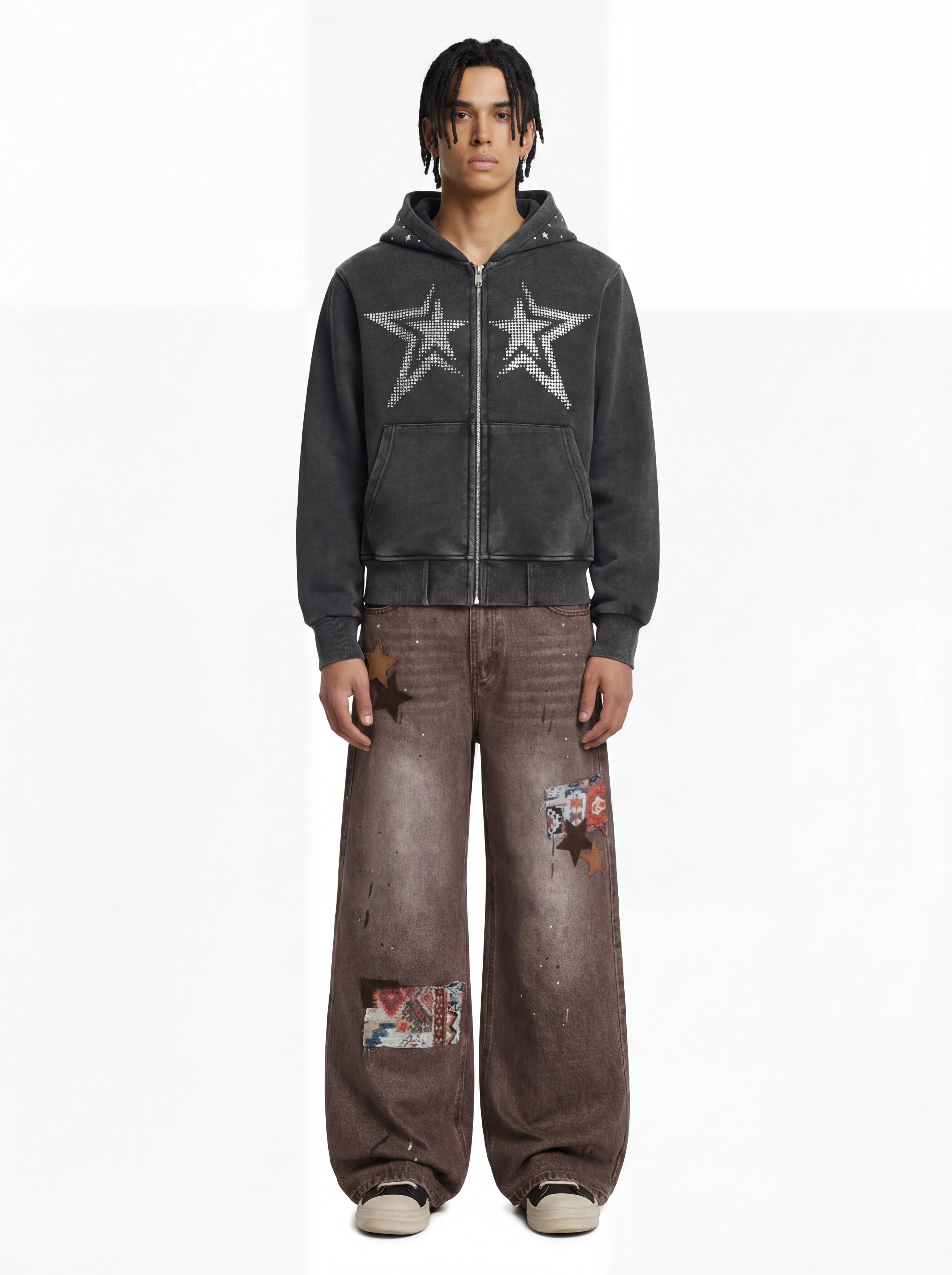 Retro Patchwork Washed Wide Leg Denim Jeans - Image 4