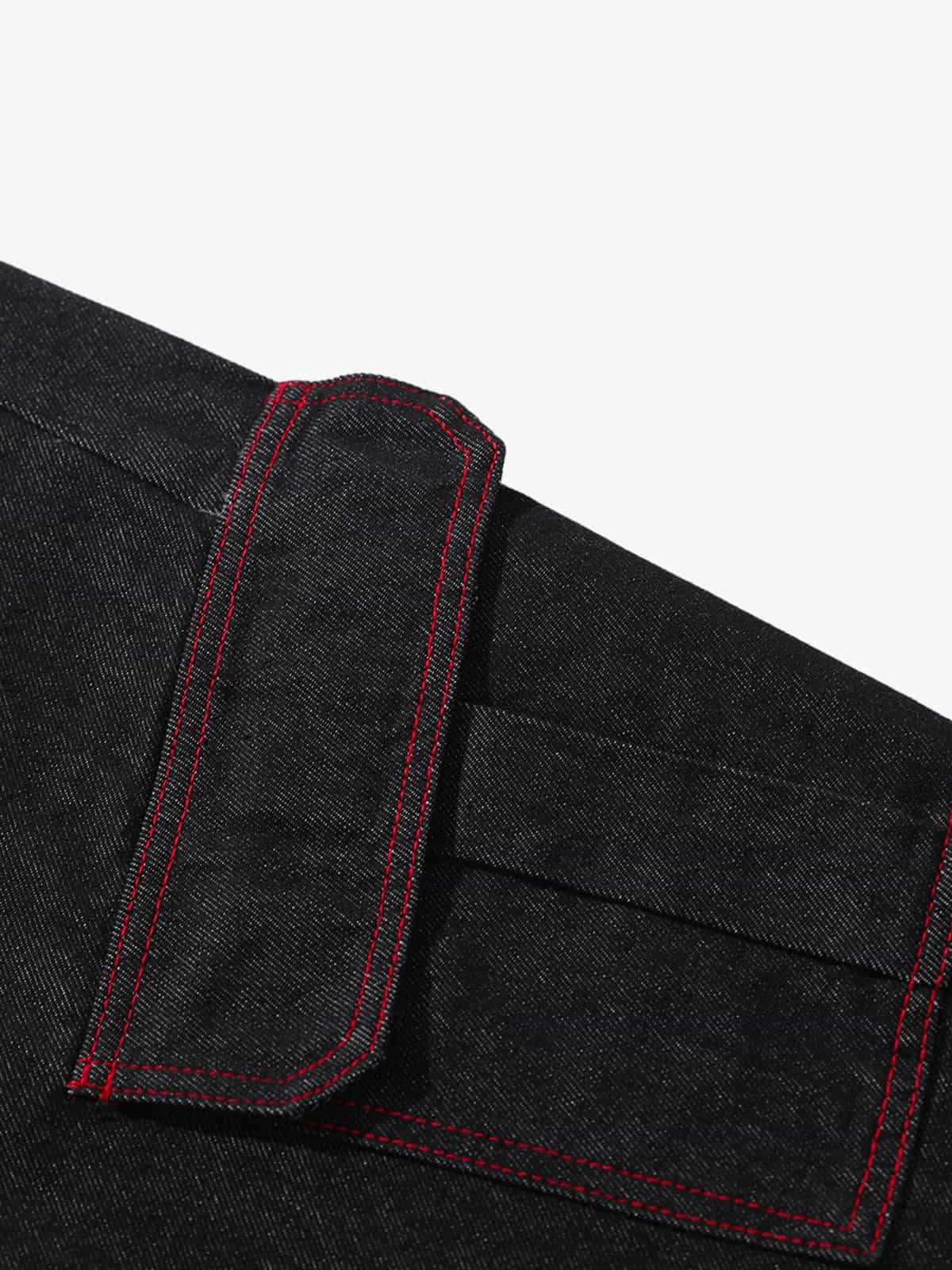Retro Red Contrast Stitching Pocket Barrel Jeans - Image 10