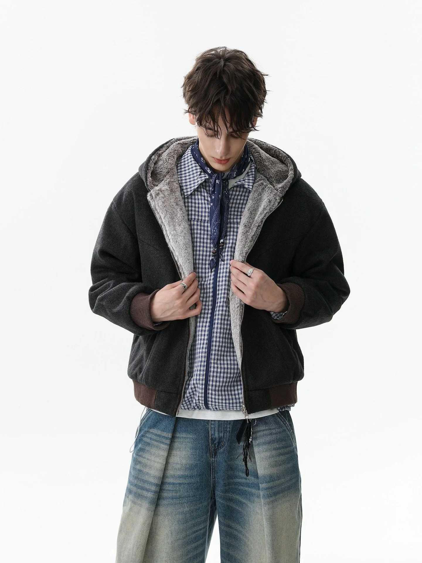 Retro Reversible Fleece Lined Zip-up Hooded Jacket - Image 5