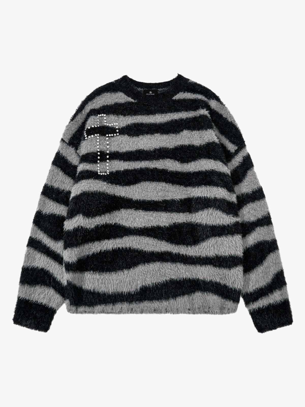 Retro Rhinestone Cross Fuzzy Zebra Stripe Sweater - Image 2