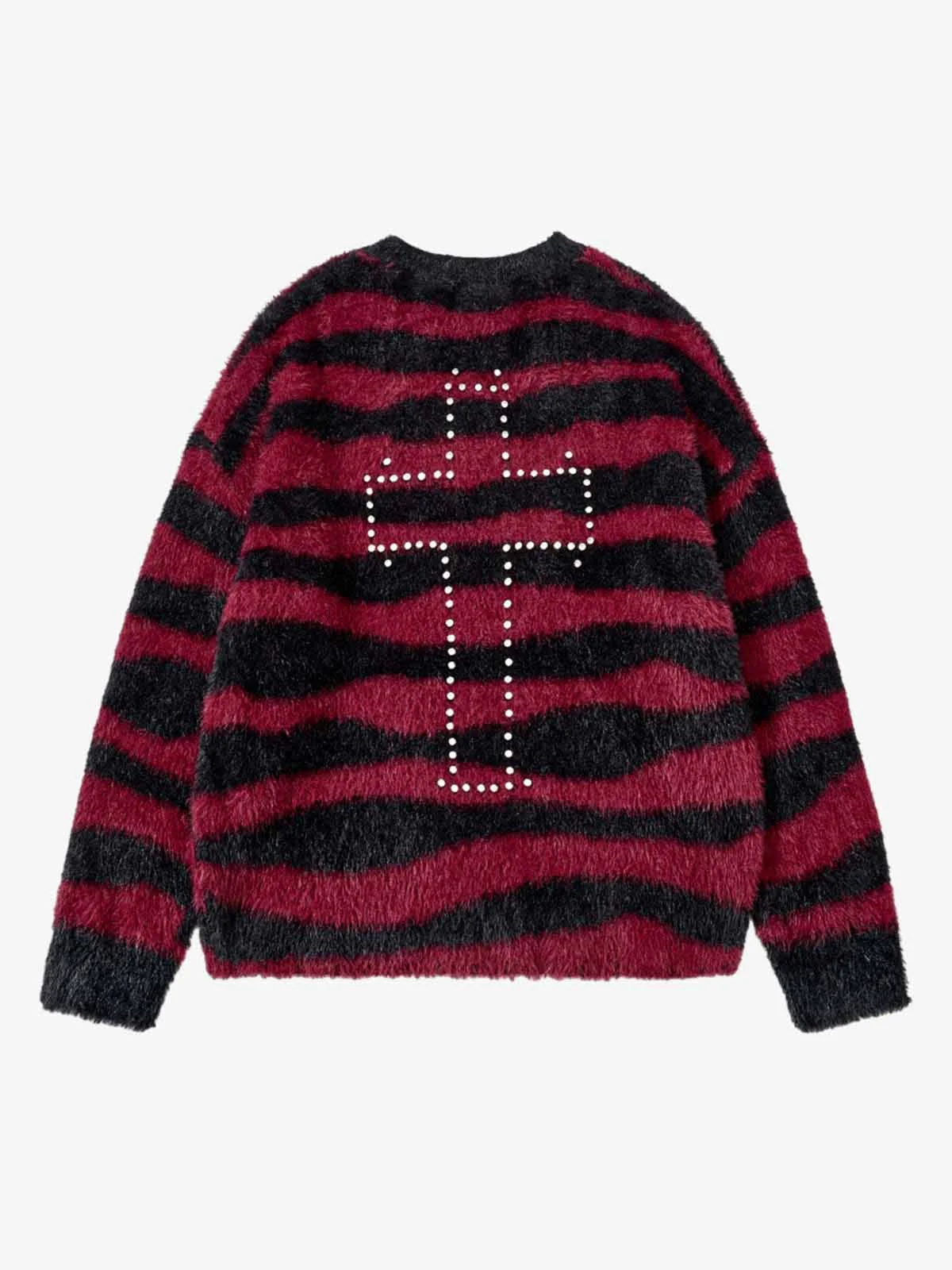 Retro Rhinestone Cross Fuzzy Zebra Stripe Sweater - Image 3