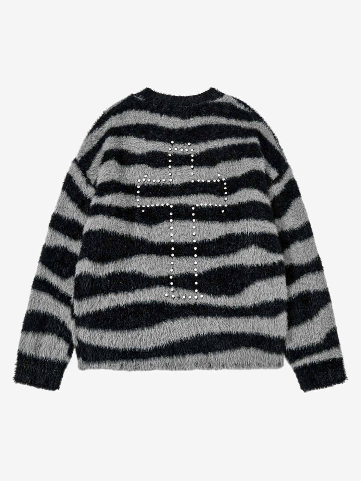 Retro Rhinestone Cross Fuzzy Zebra Stripe Sweater - Image 4