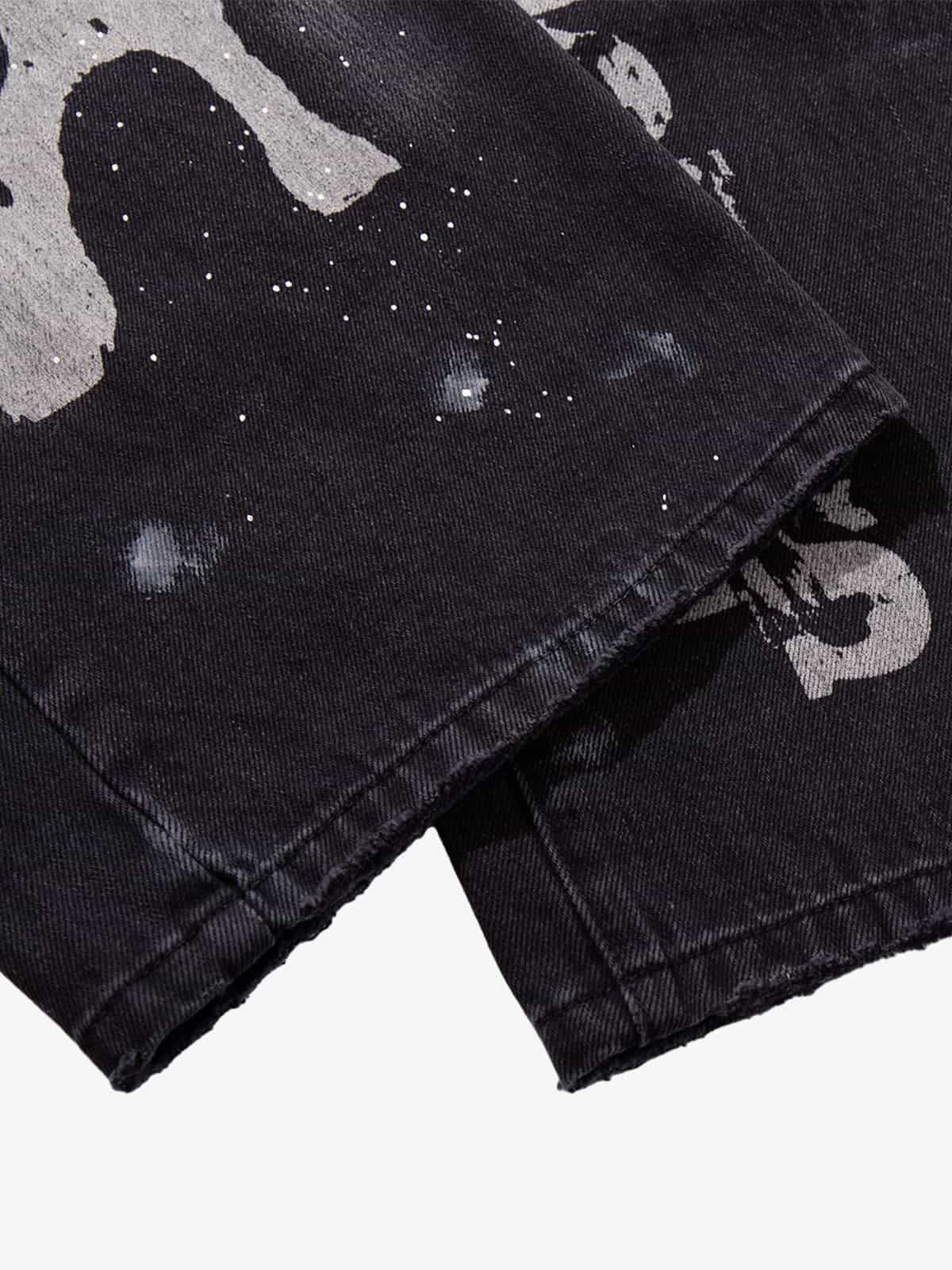 Retro Rhinestone Graffiti Washed Straight Jeans - Image 4
