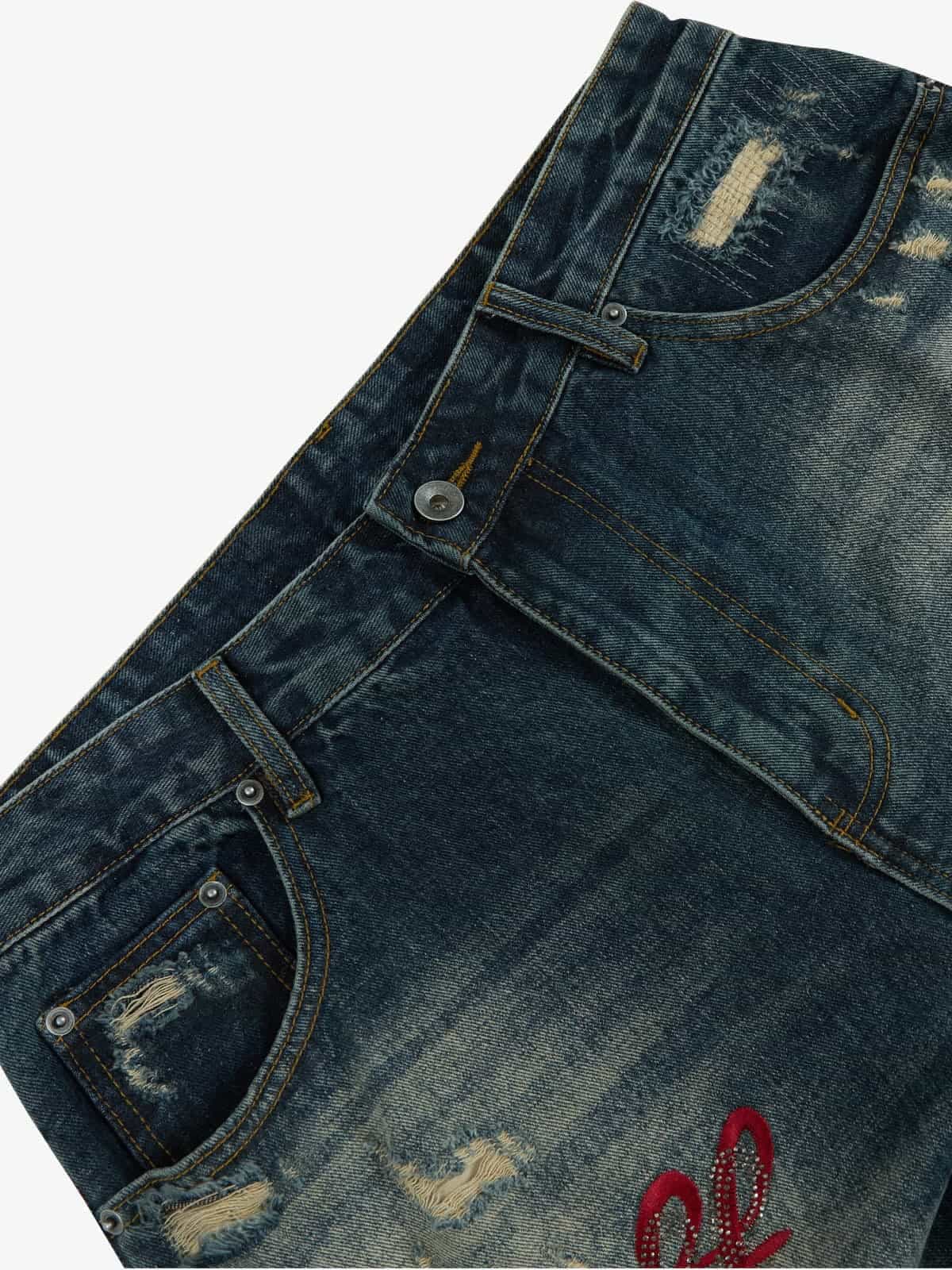 Retro Rhinestone Letter Embroidery Distressed Baggy Jeans - Image 3
