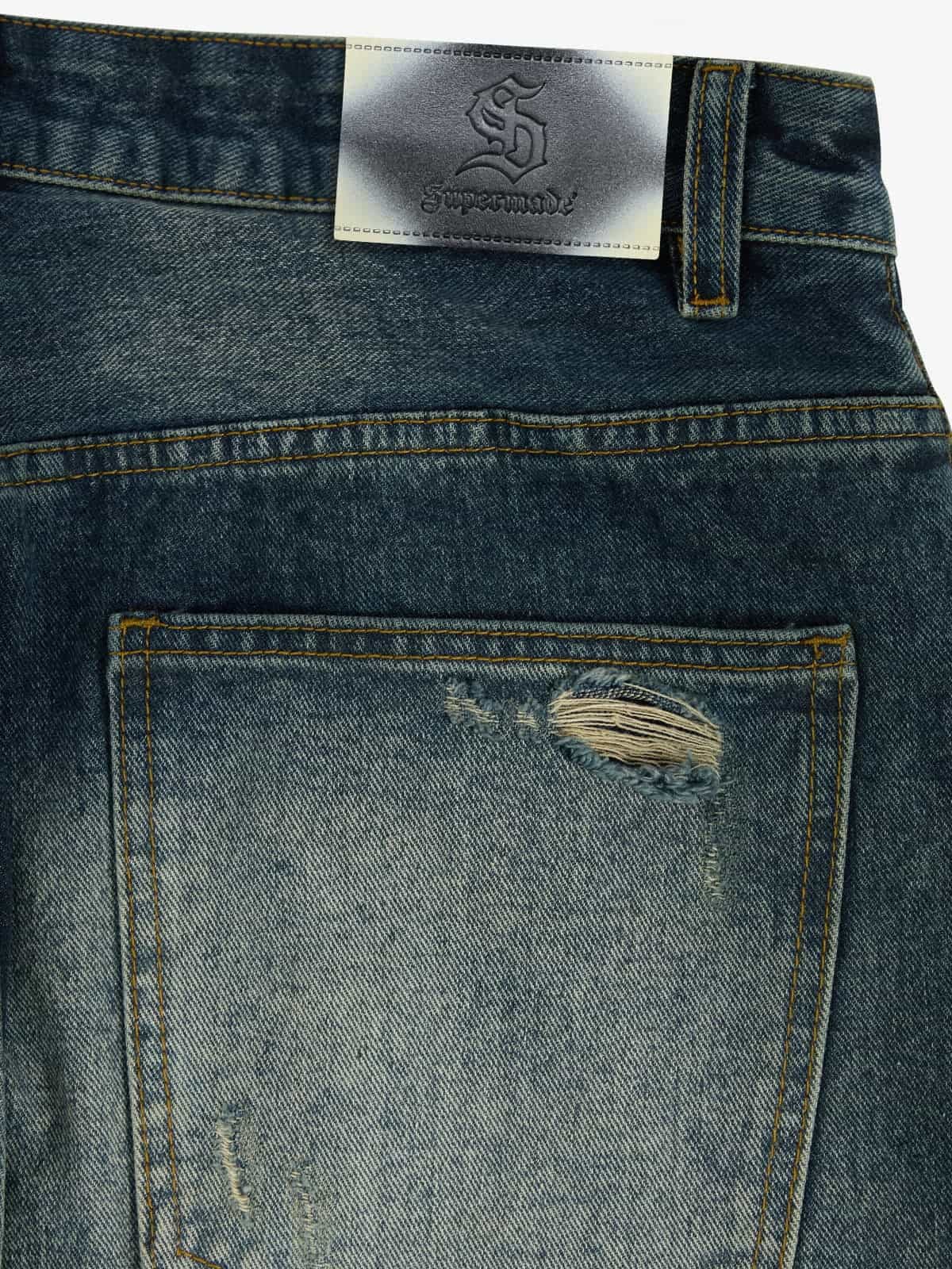 Retro Rhinestone Letter Embroidery Distressed Baggy Jeans - Image 6