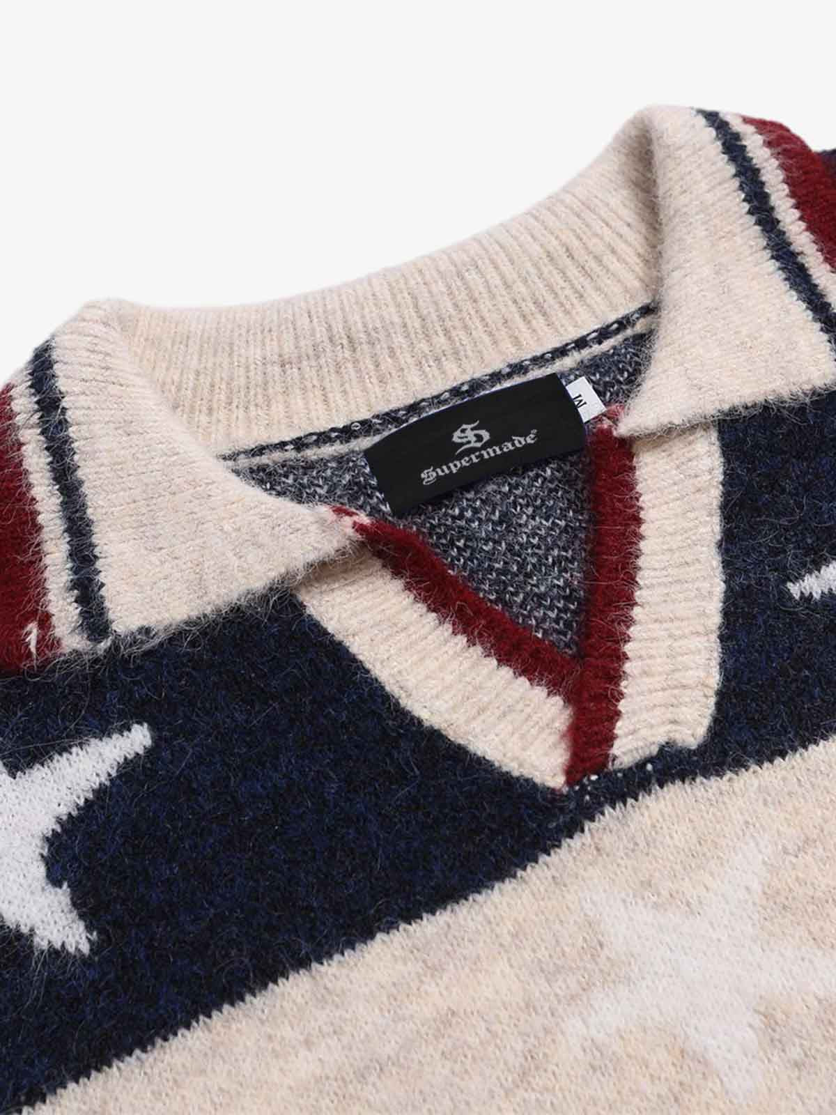 Retro Star Patchwork Striped V-Neck Polo Sweater - Image 3