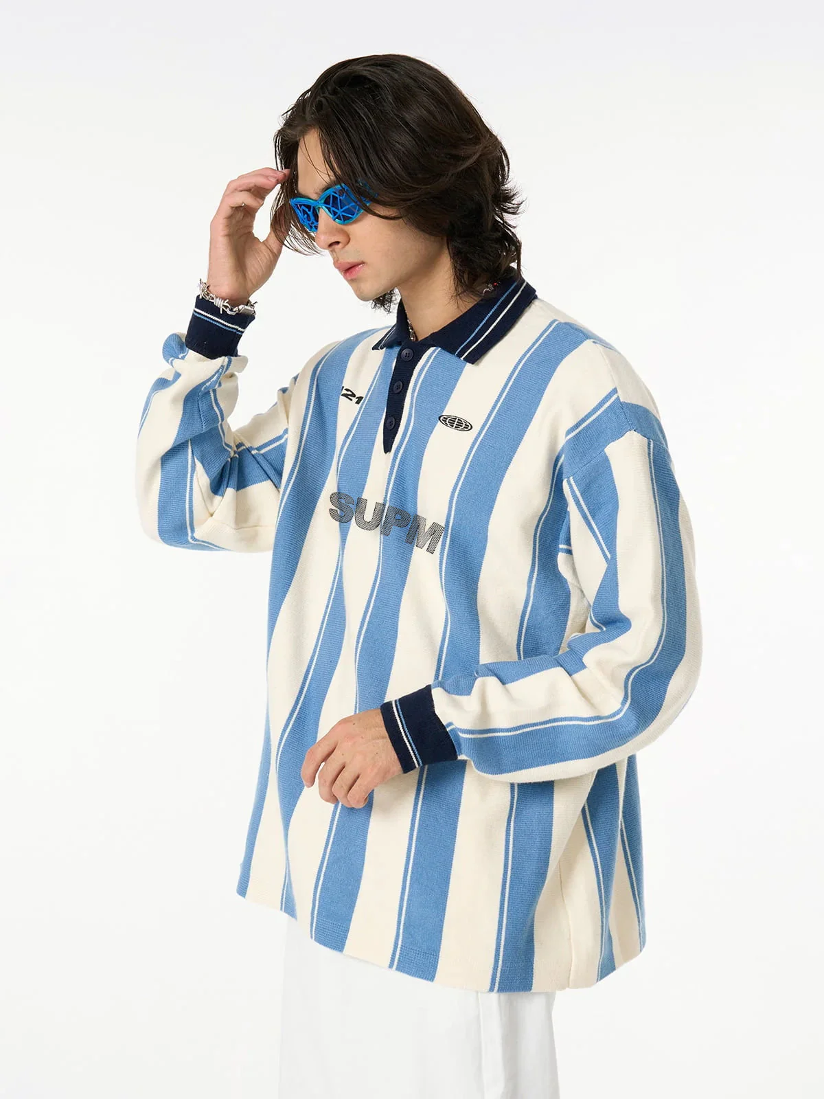 Retro Striped Polo Collar Sports Jersey Knit Sweater - Image 5