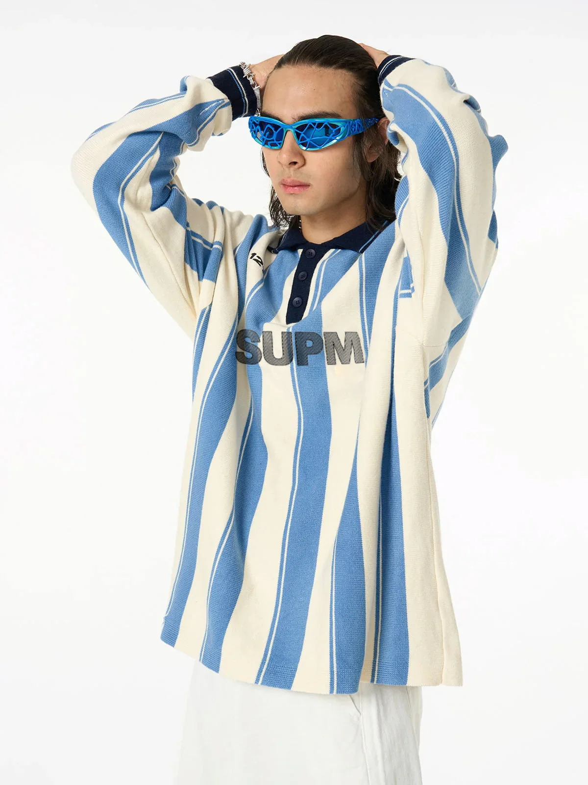 Retro Striped Polo Collar Sports Jersey Knit Sweater - Image 6