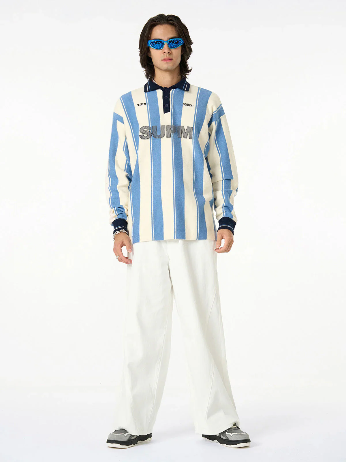 Retro Striped Polo Collar Sports Jersey Knit Sweater - Image 9