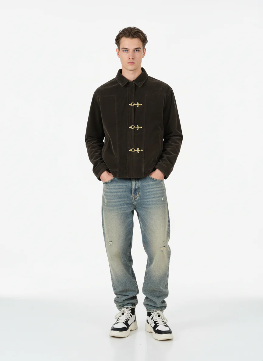 Retro Unique Metal Button Suede Lapel Bomber Jacket - 2538 - Image 6