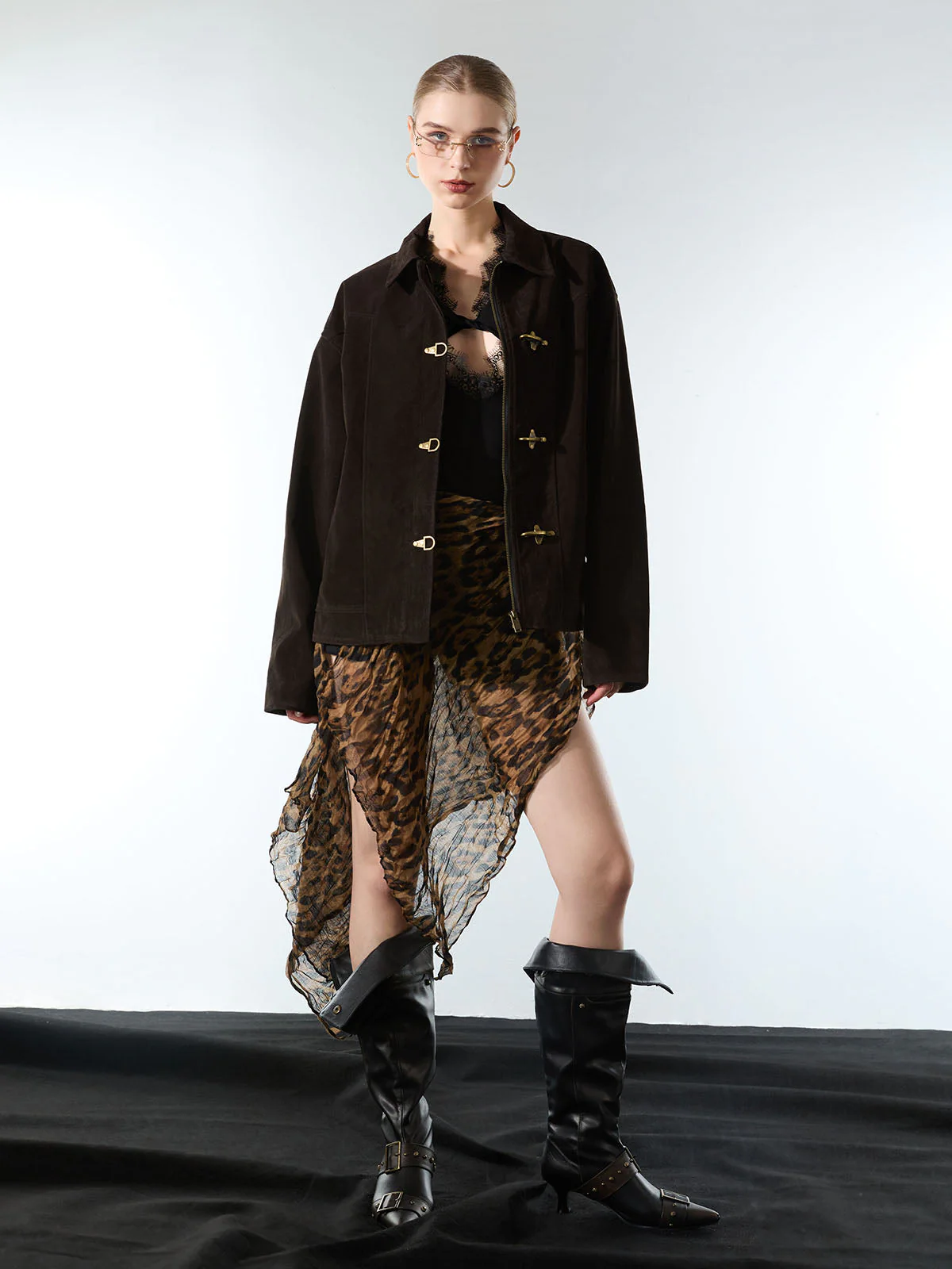 Retro Unique Metal Button Suede Lapel Bomber Jacket - 2538 - Image 9