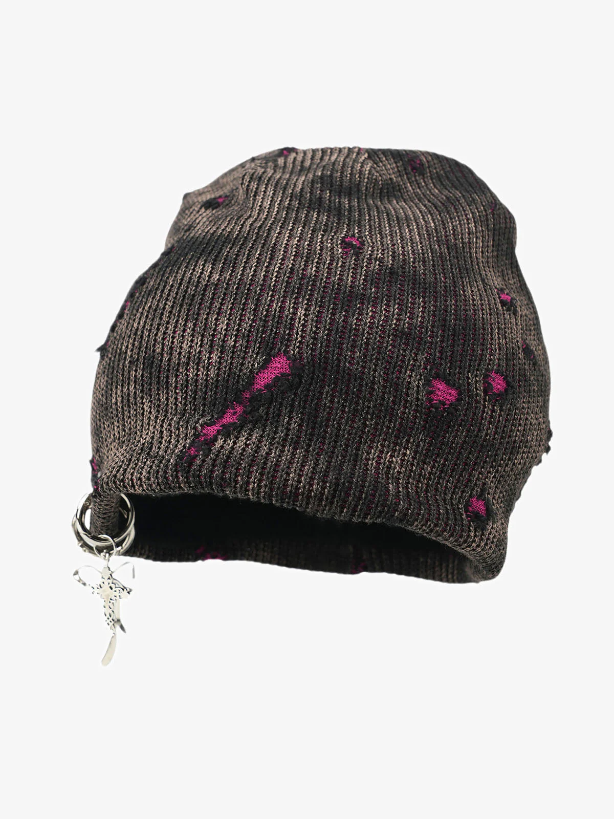 Retro Wasteland Style Distressed Knit Hanging Charm Beanie - Image 3