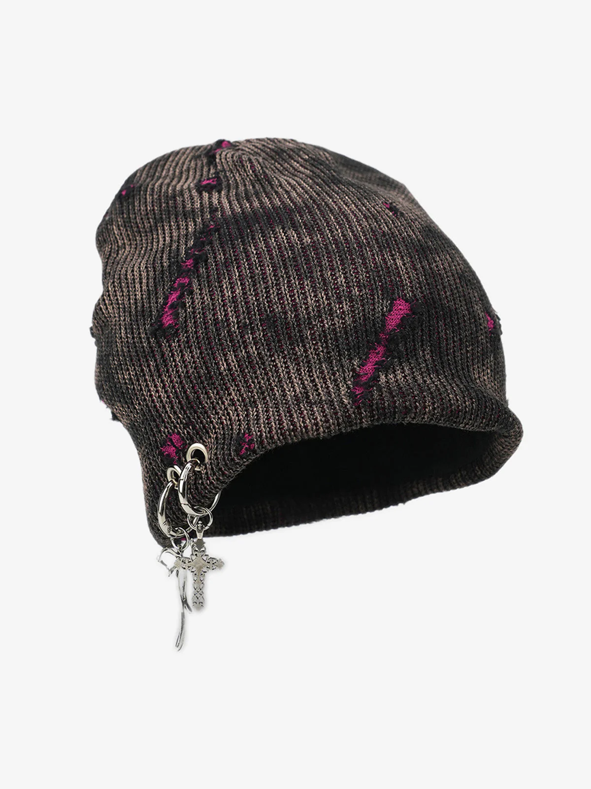 Retro Wasteland Style Distressed Knit Hanging Charm Beanie - Image 4