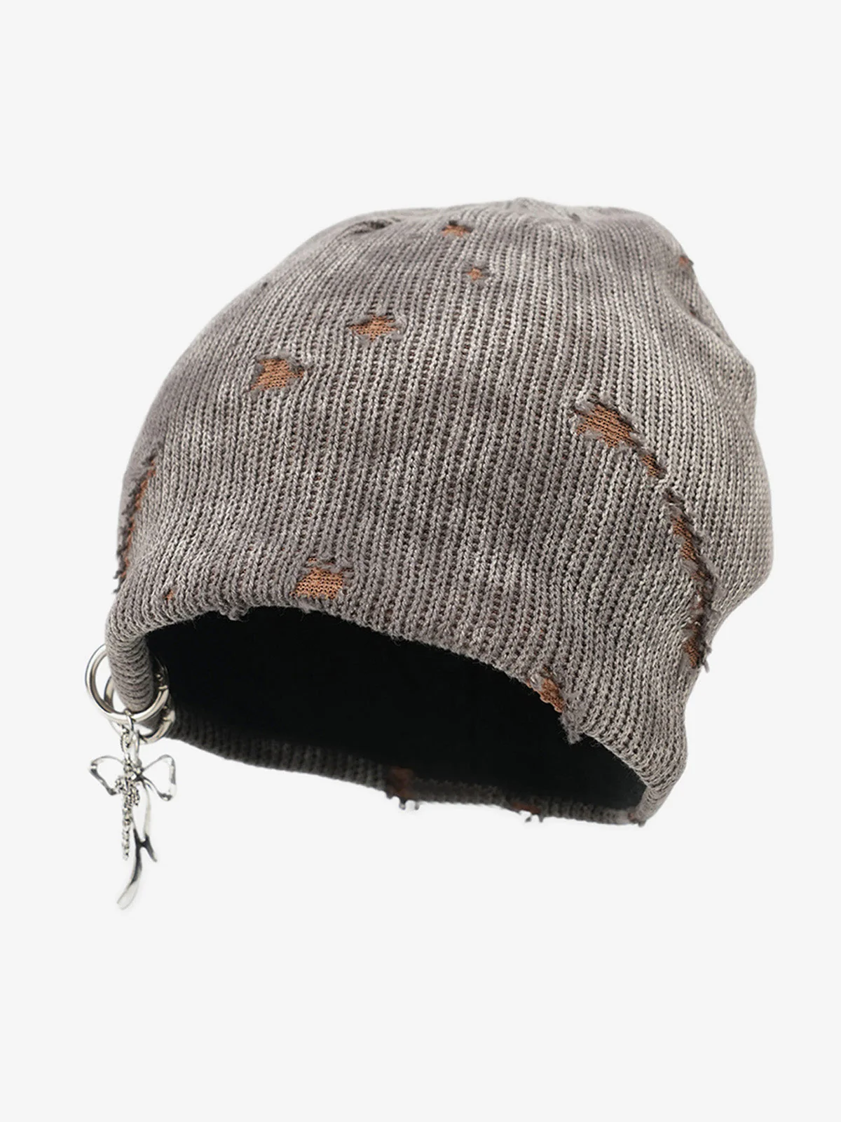 Retro Wasteland Style Distressed Knit Hanging Charm Beanie - Image 5