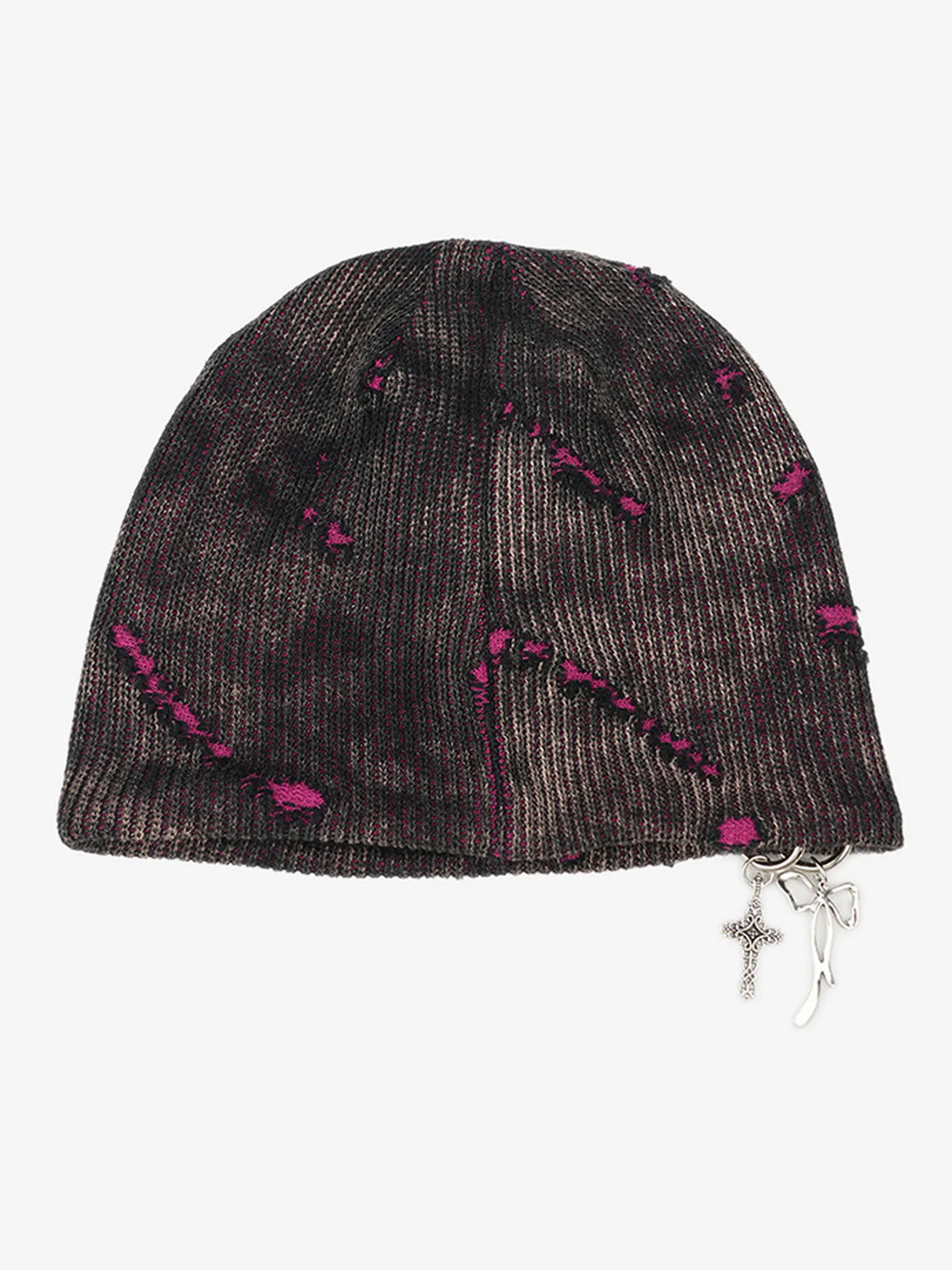 Retro Wasteland Style Distressed Knit Hanging Charm Beanie - Image 6