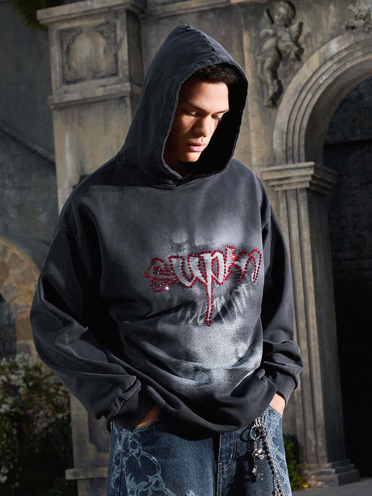 Rhinestone Letter Airbrush Graphic Pullover Hoodie