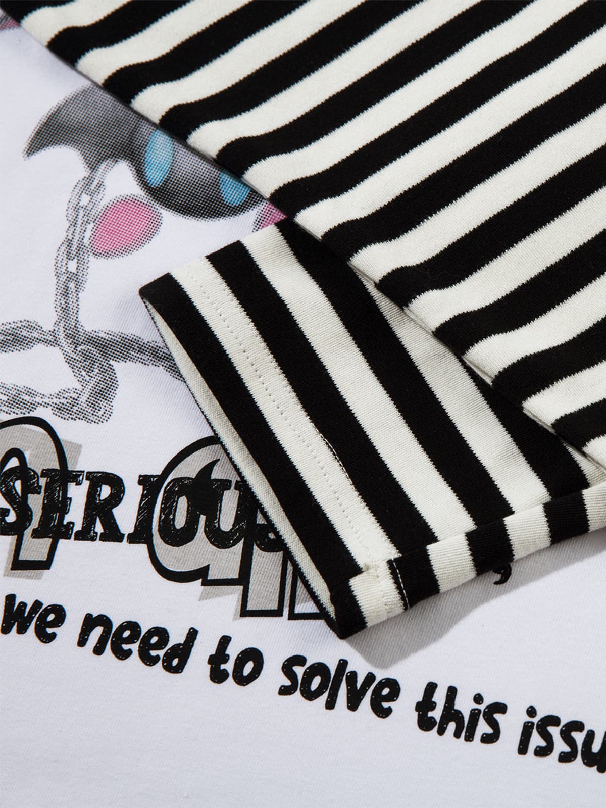 Cartoon Print Striped Sleeve Faux Two-Piece Long-Sleeve T-Shirt - Image 5