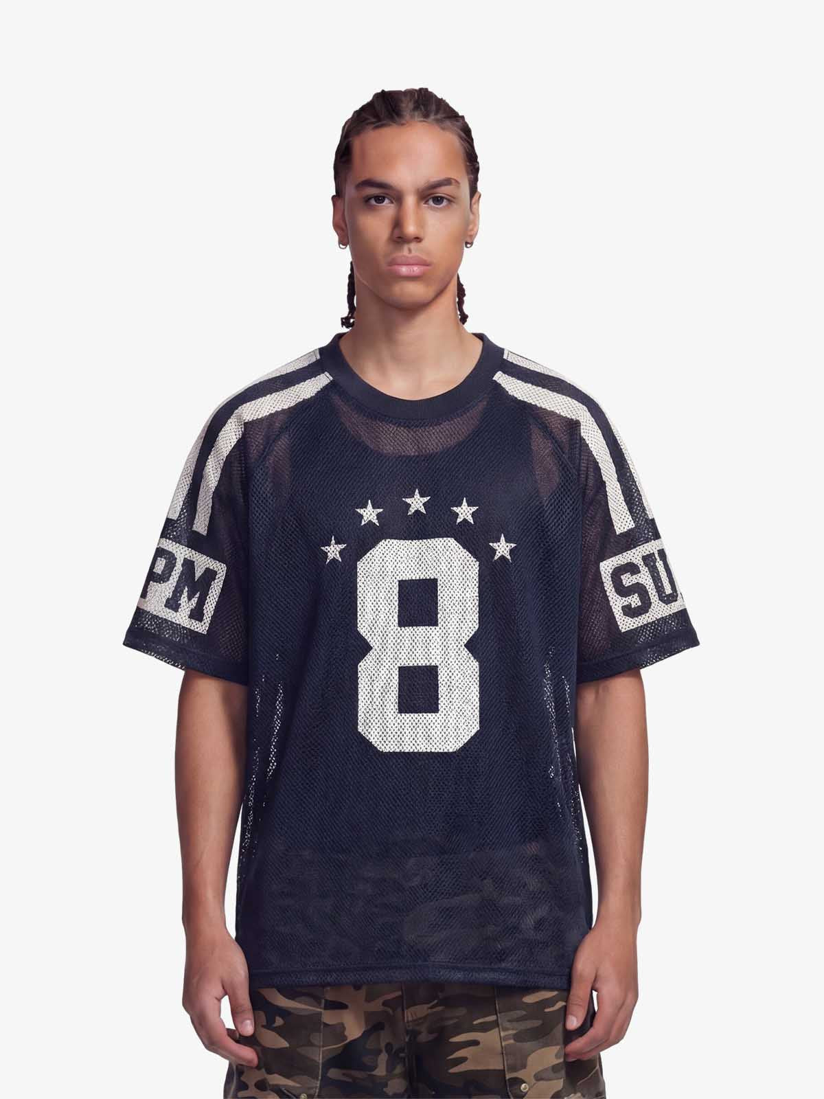 Star Design Number 8 Cropped Sleeve Stripes Jersey T-Shirt