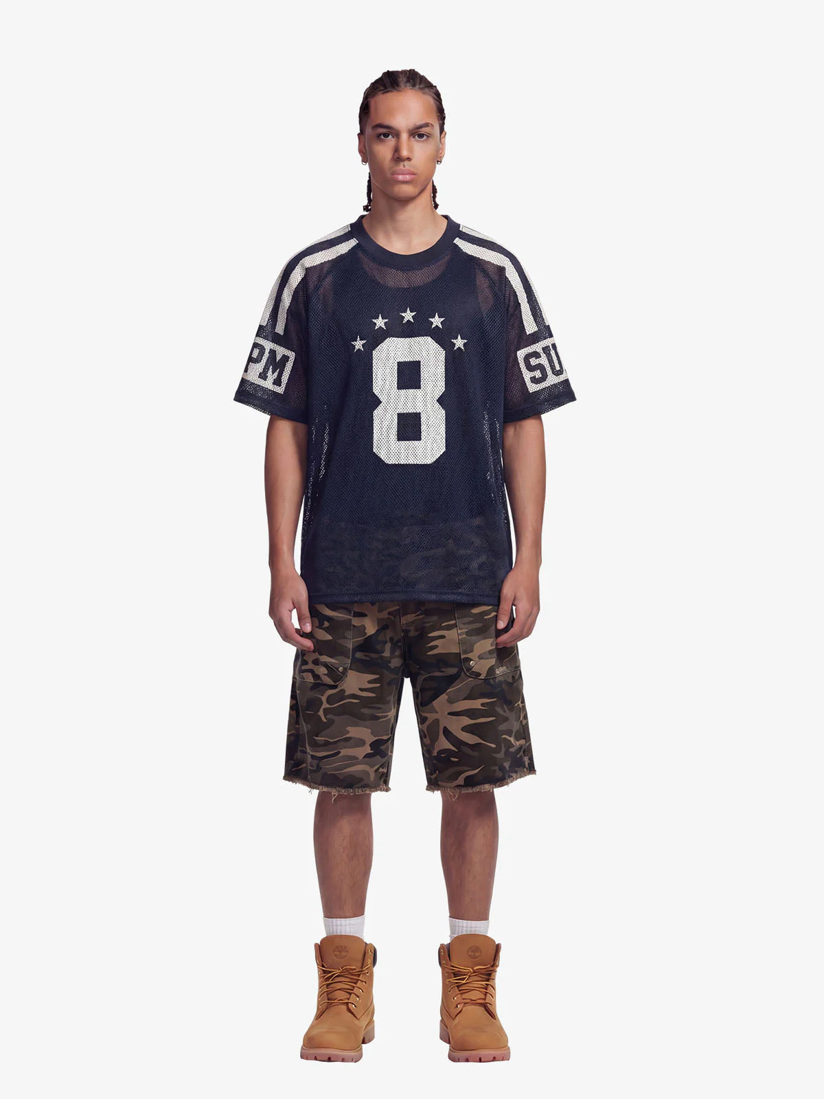 Star Design Number 8 Cropped Sleeve Stripes Jersey T-Shirt - Image 4