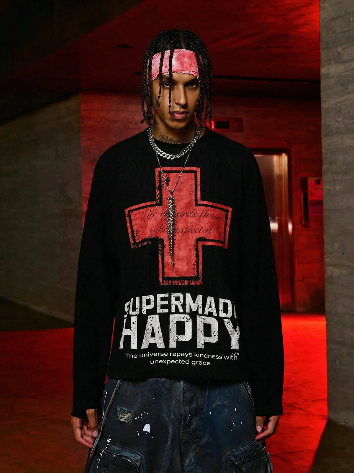 Street Cross Lettering Print Long-Sleeved T-Shirt - Image 4