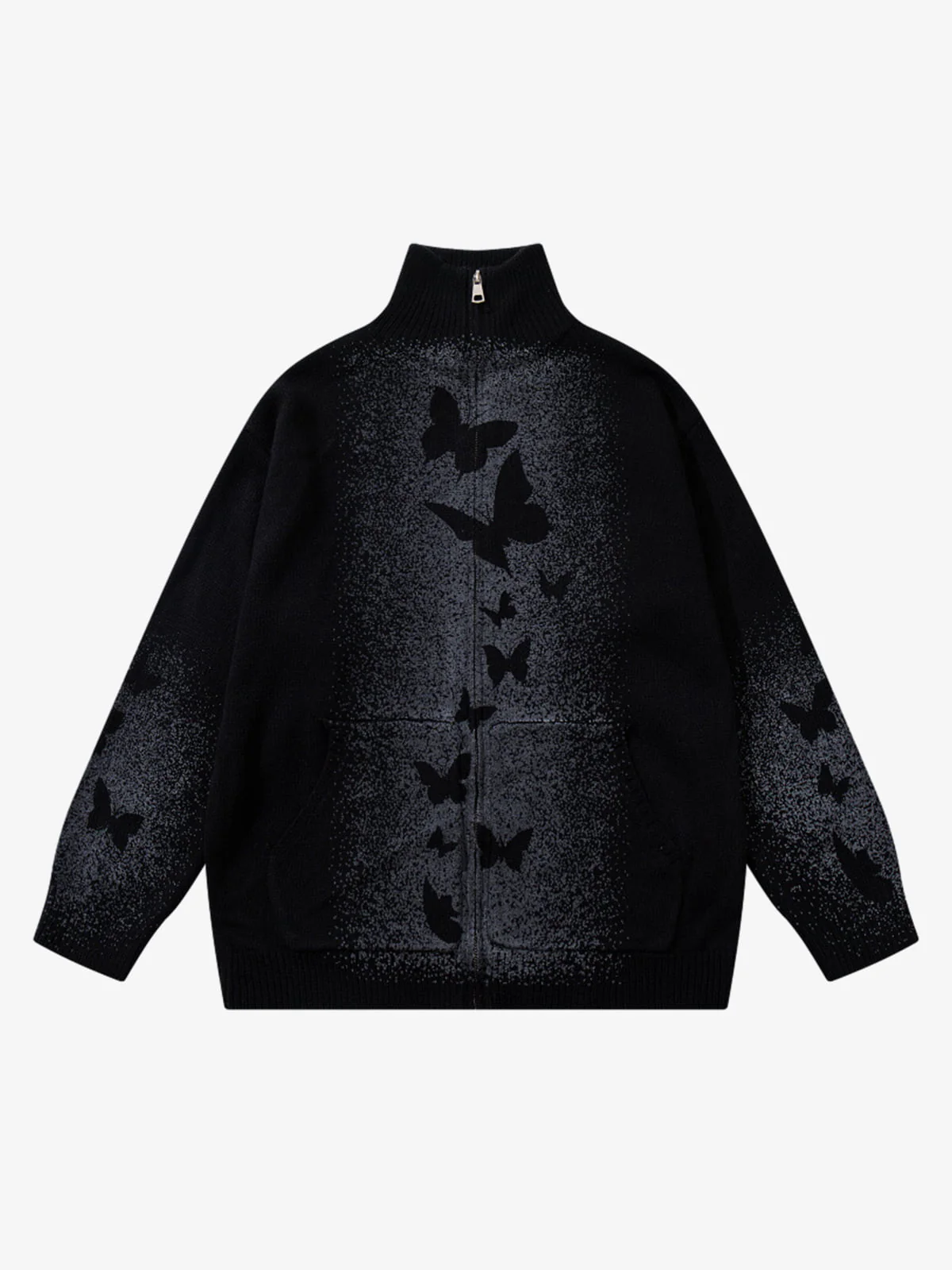 Street Dark Phantom Butterfly Stand-Collar Knit Cardigan Sweater - Image 2