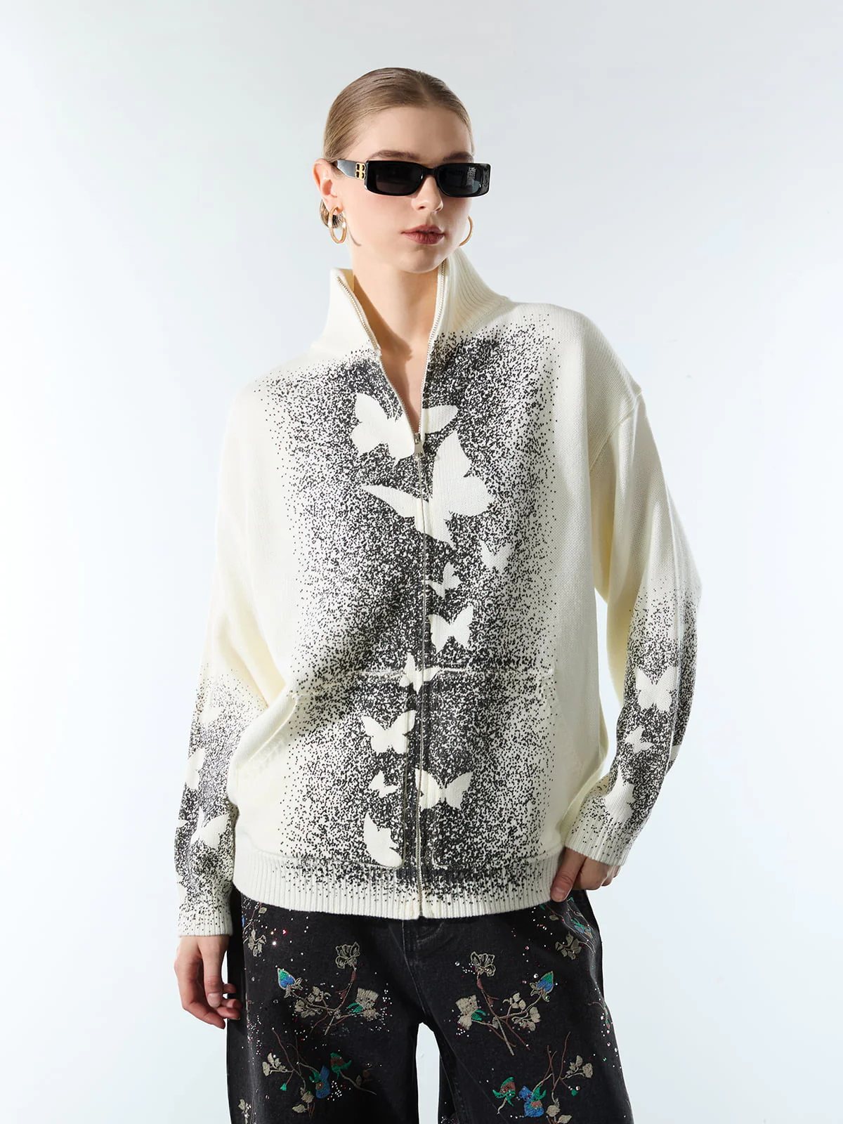 Street Dark Phantom Butterfly Stand-Collar Knit Cardigan Sweater - Image 3