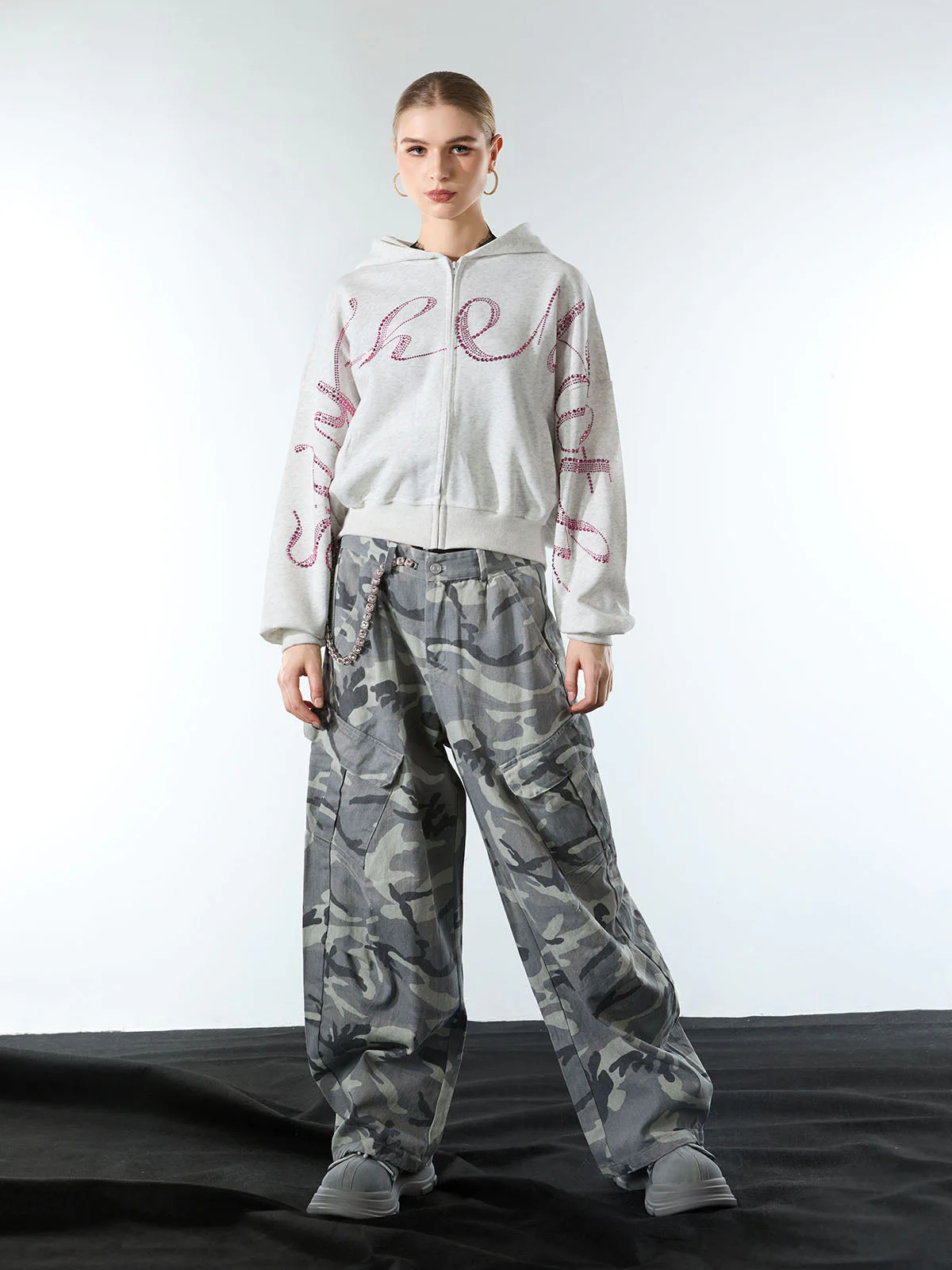 Street Hip-Hop Rhinestone Cropped Zip Up Hoodie - Image 8