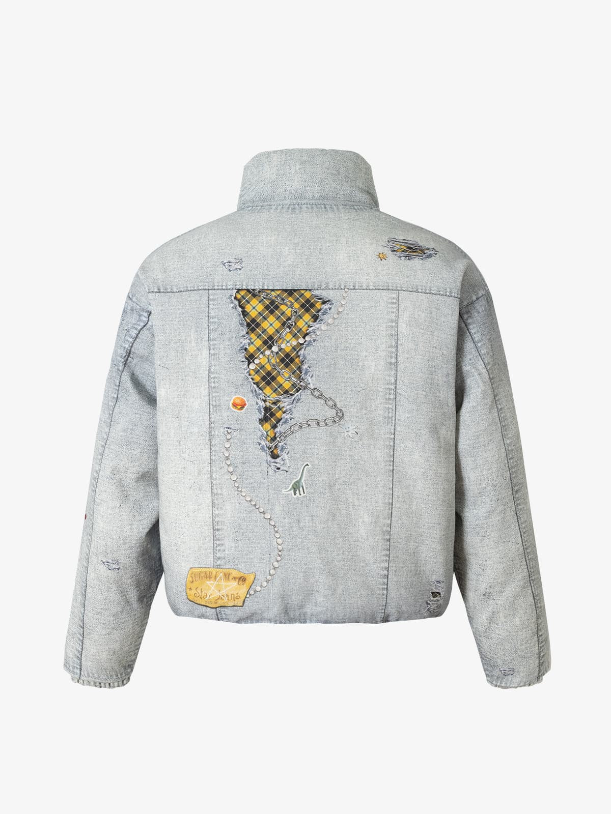 Street Illusion Denim Print Stand Collar Padded Cotton Jacket - Image 11