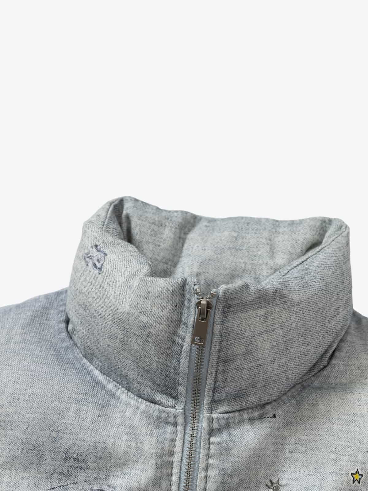 Street Illusion Denim Print Stand Collar Padded Cotton Jacket - Image 12