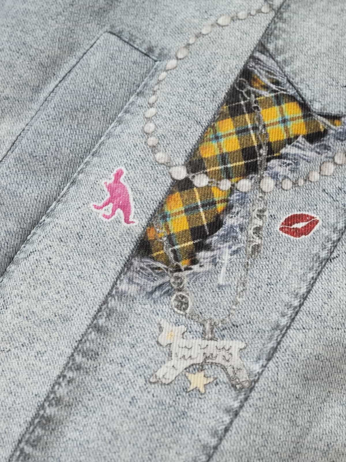 Street Illusion Denim Print Stand Collar Padded Cotton Jacket - Image 13