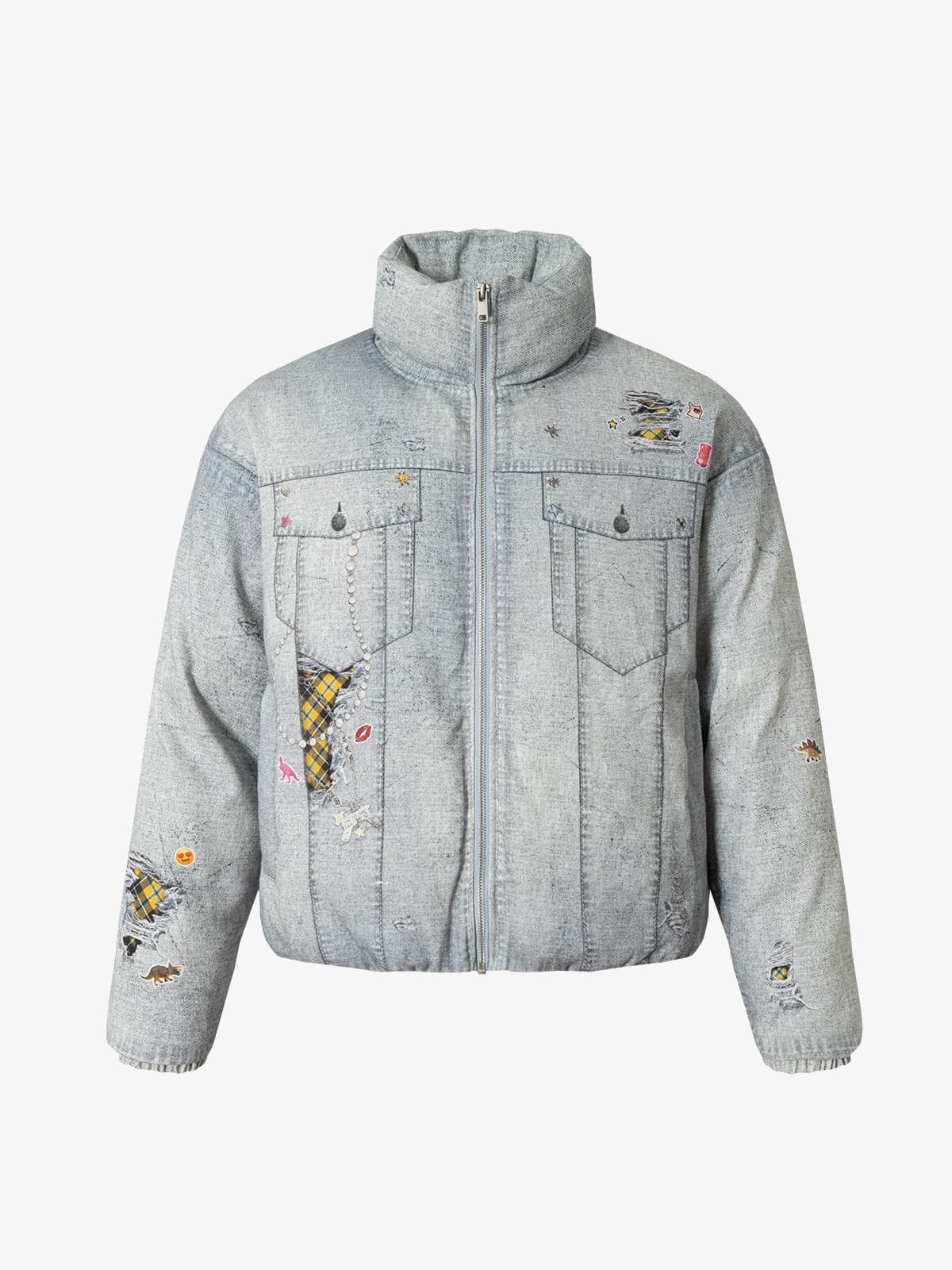 Street Illusion Denim Print Stand Collar Padded Cotton Jacket - Image 2
