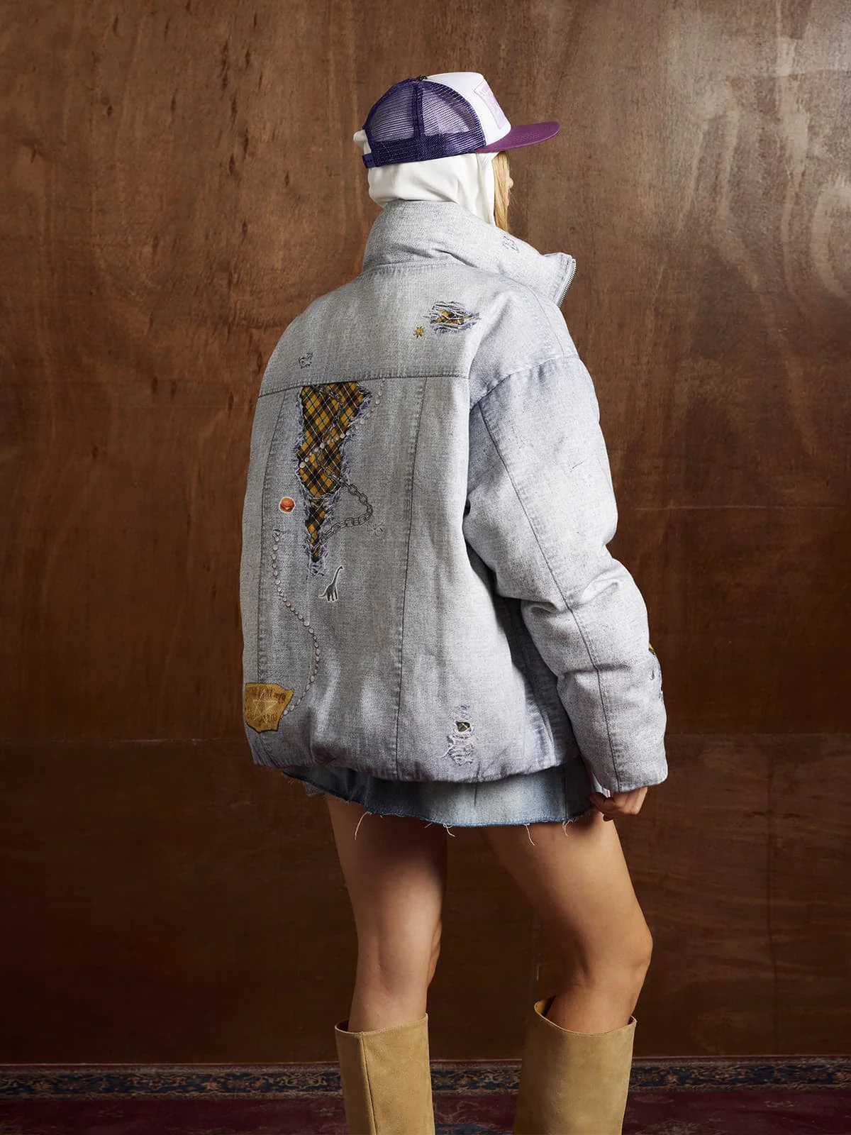 Street Illusion Denim Print Stand Collar Padded Cotton Jacket - Image 4