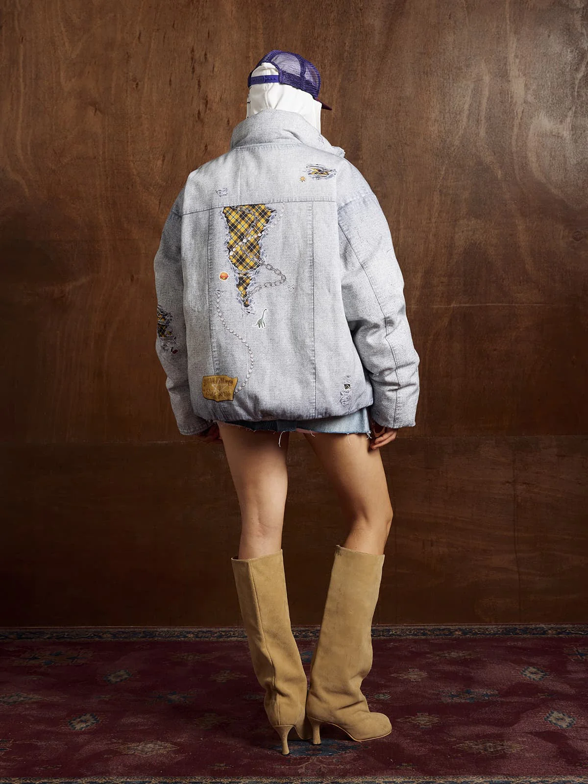 Street Illusion Denim Print Stand Collar Padded Cotton Jacket - Image 8