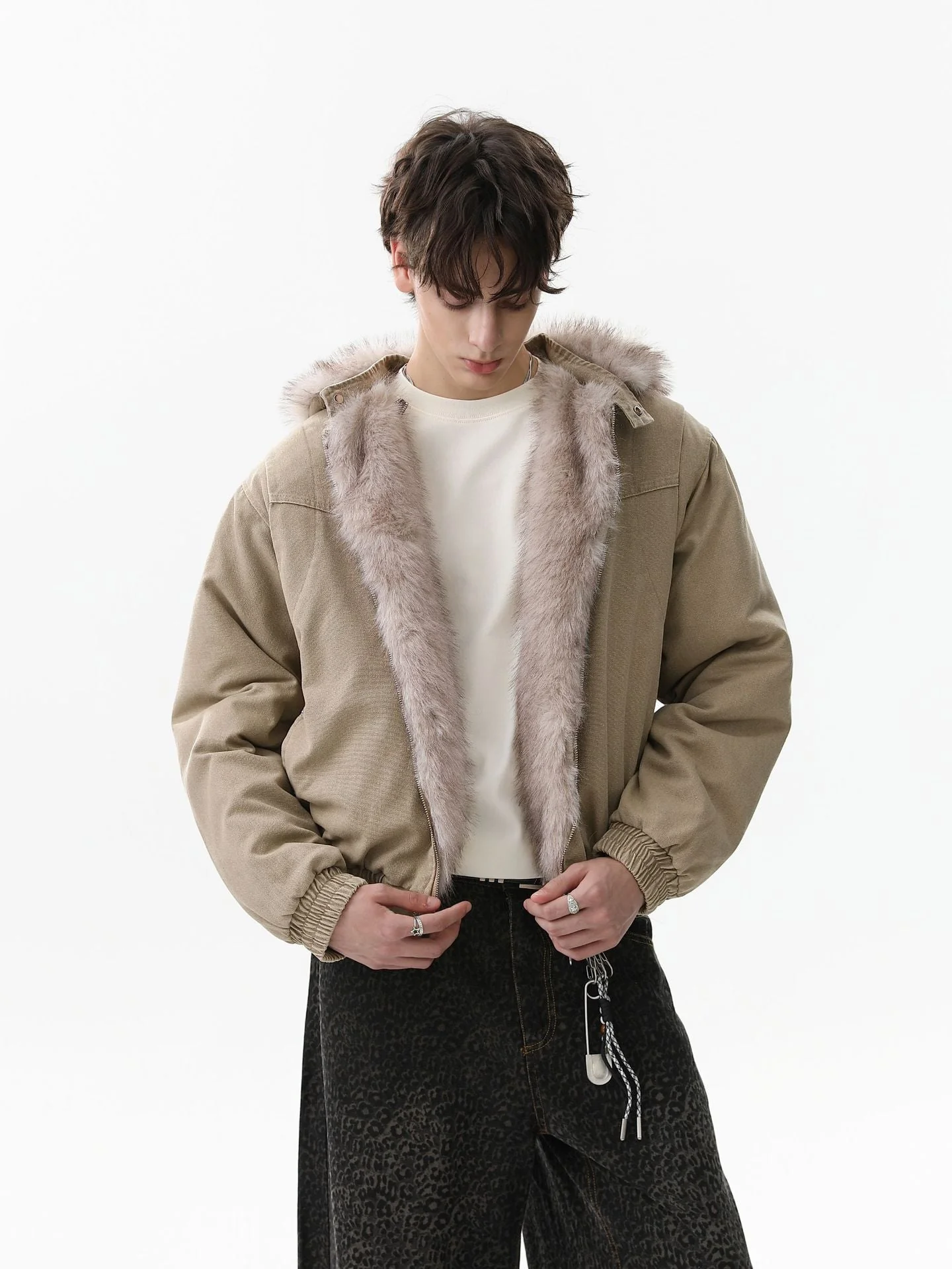 Street Outdoor Detachable Fur Collar Fleece Hooded Padded Jacket - Image 6